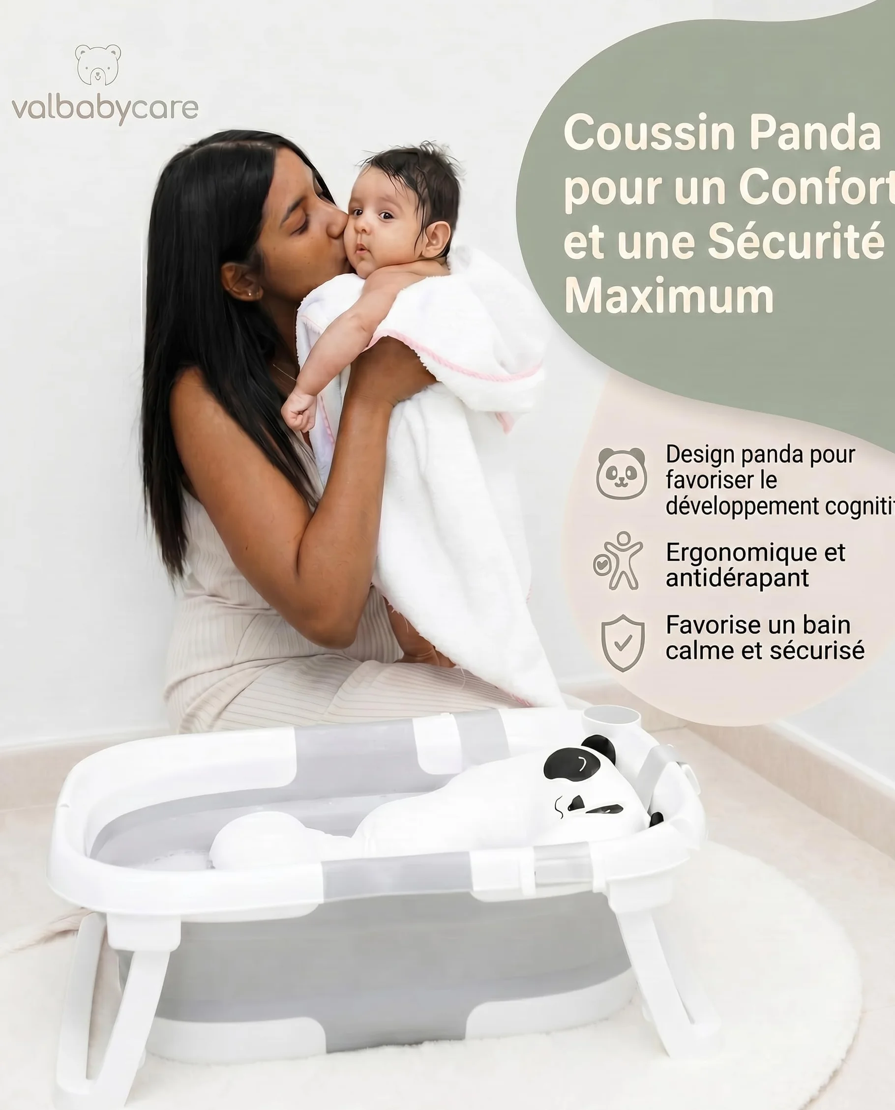 VALBABY Baignoire Pliable Bébé Portable avec Coussin Antidérapant Design Panda Grand et Rembourré Bain Baby Bath Tub