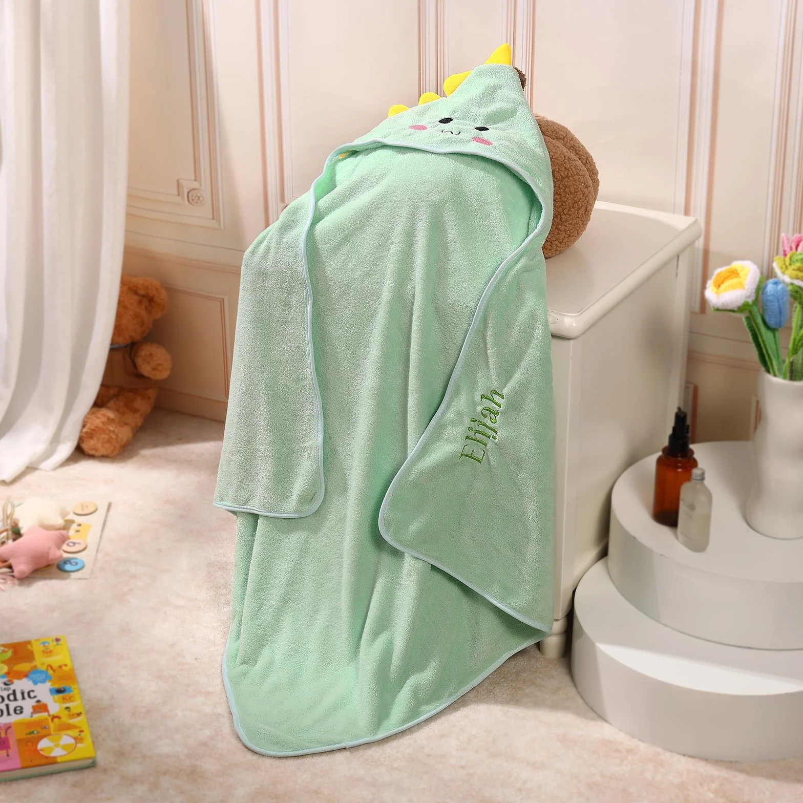 Cape de Bain Bébé Personnalisé avec Prénom Douce et Confortable pour Bébé Naissance Cadeau Baby Shower (Vert)