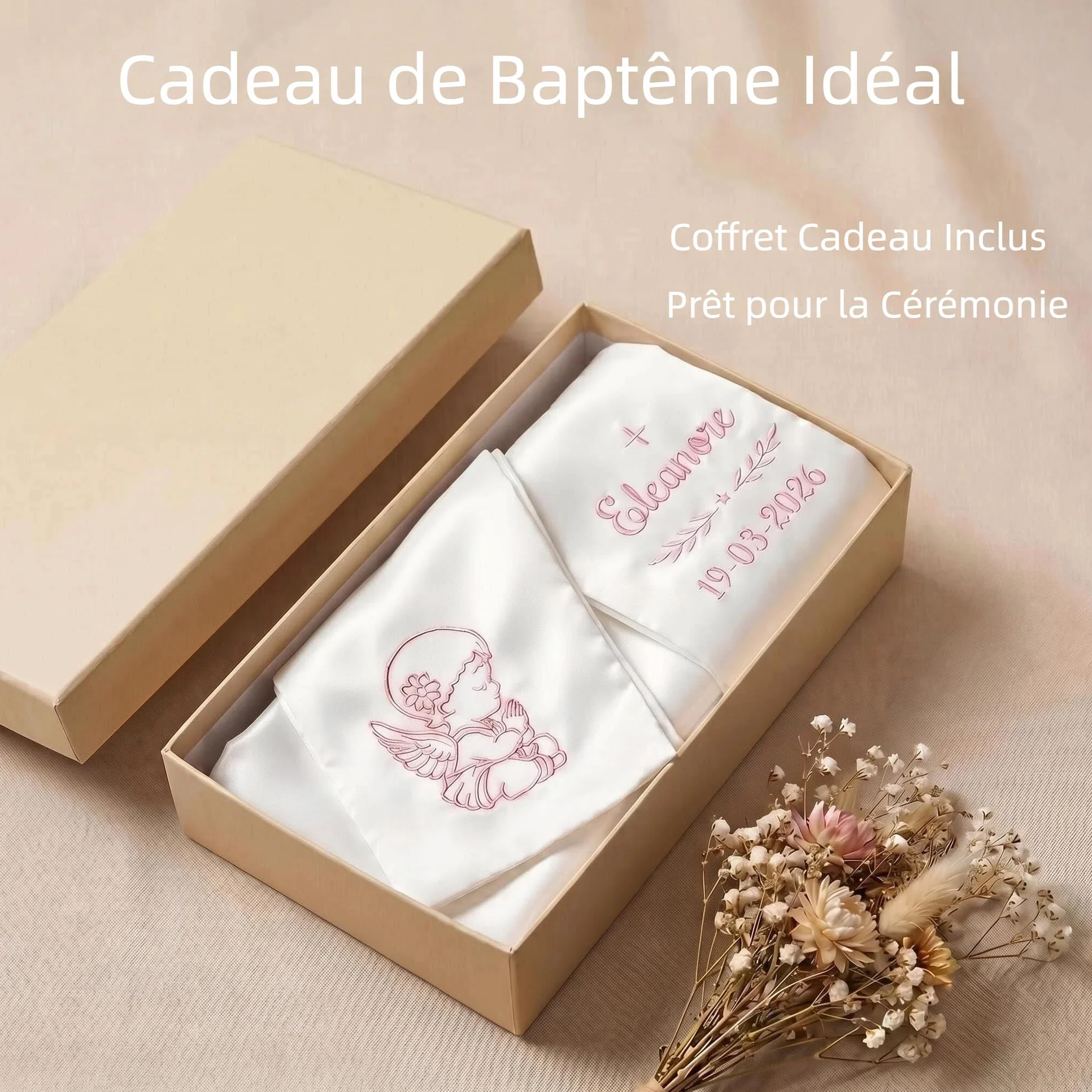 Écharpe de Baptême Personnalisée Enfant, Brodée Prénom et Date, Satin Blanc Ange ou Croix, Cadeau avec Coffret