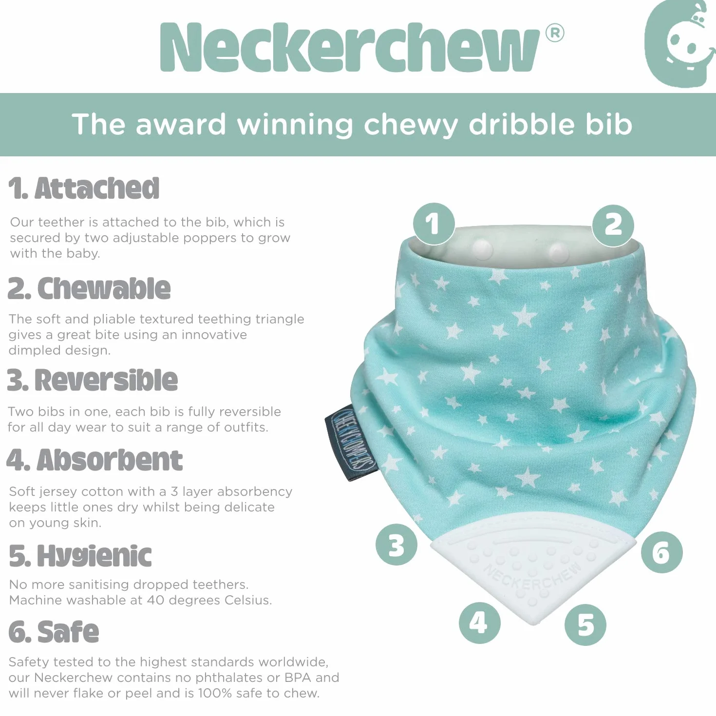 Cheeky Chompers Bavoir Bandana Vert Sauge Étoiles Blanches Taille Unique Enfant