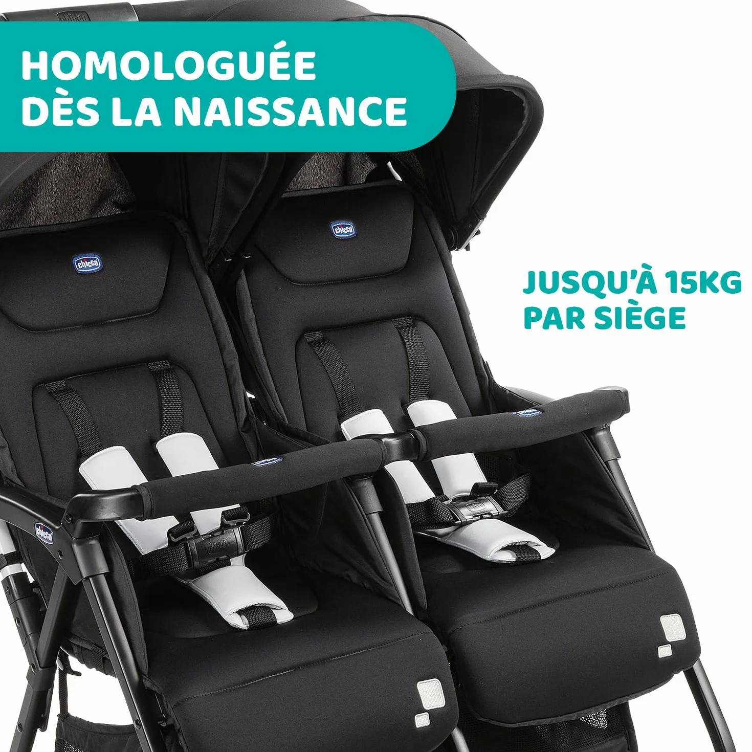 Chicco OHlalà Poussette Double Tandem Légère Pliable Jumeaux 15 kg Noir