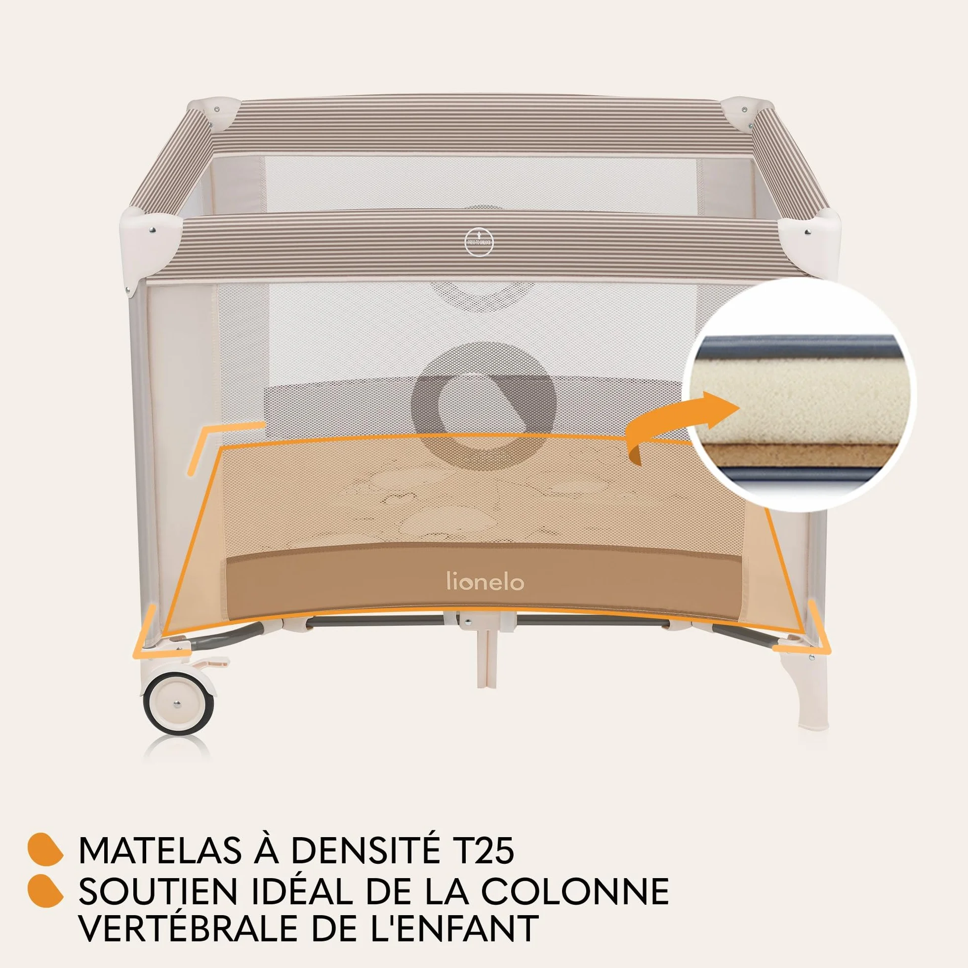 LIONELO BONNIE Parc Bébé 15 kg Naissance 36 mois Accès Latéral Zippé Filets Latéraux Aérés Pliage Rapide Roues Freinées Sac Transport Beige