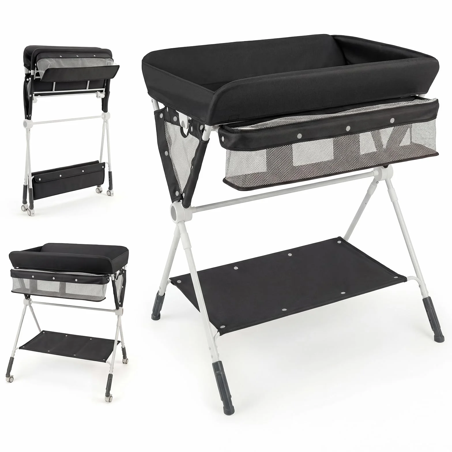 COSTWAY Table à Langer Pliante Bébé Réglable Hauteur 3 Niveaux Roulettes Étagère Panier Organiseur Mobile Noir