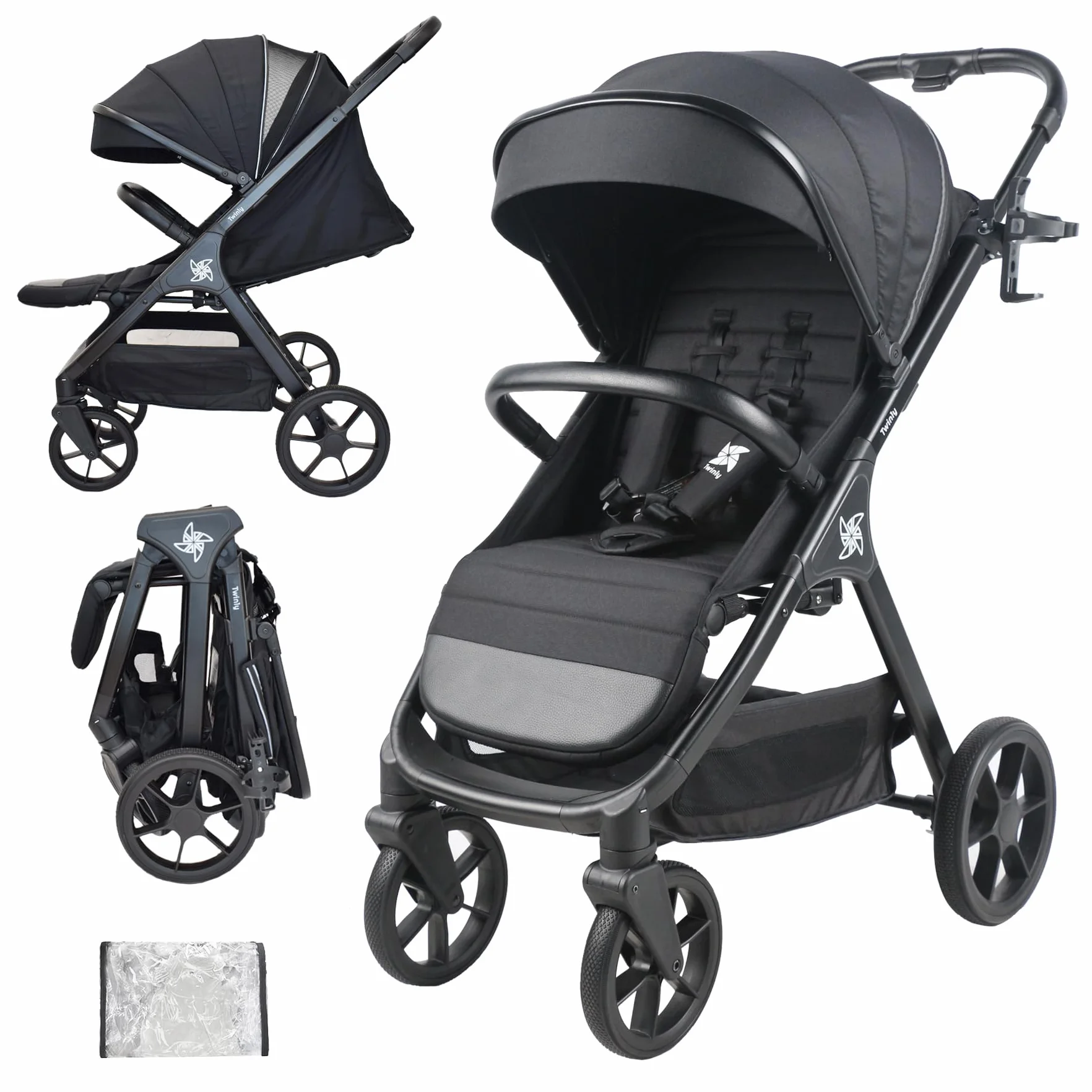 Poussette Canne Compacte et Légère jusqu'à 25kg Dès la Naissance Siège Large Capote XXL UPF-50 Pliage d'une Main Grandes Roues Noir