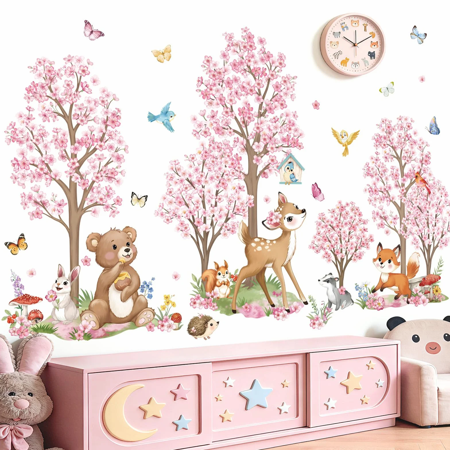 Wondever Stickers Muraux Enfants Fille Fleurs de Cerisier Arbre Grand Autocollants Muraux Forêt Animaux Ours Cerf Renard pour Chambre Bébé