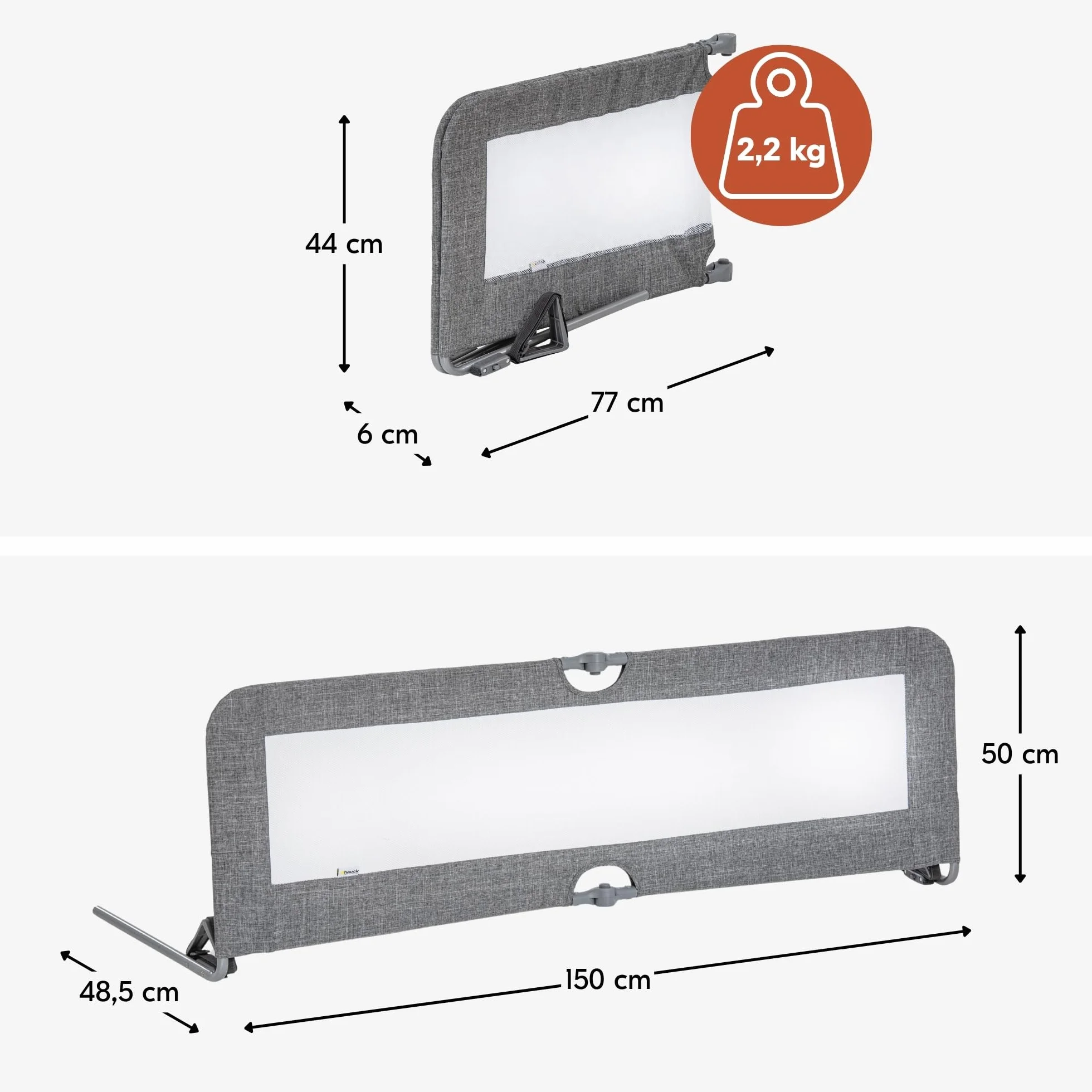hauck Barriere de Securite Enfant Lit Sleep N Safe Plus XL 150x50x44 cm Protection Lit Enfant Portable Amovible Pliable Gris