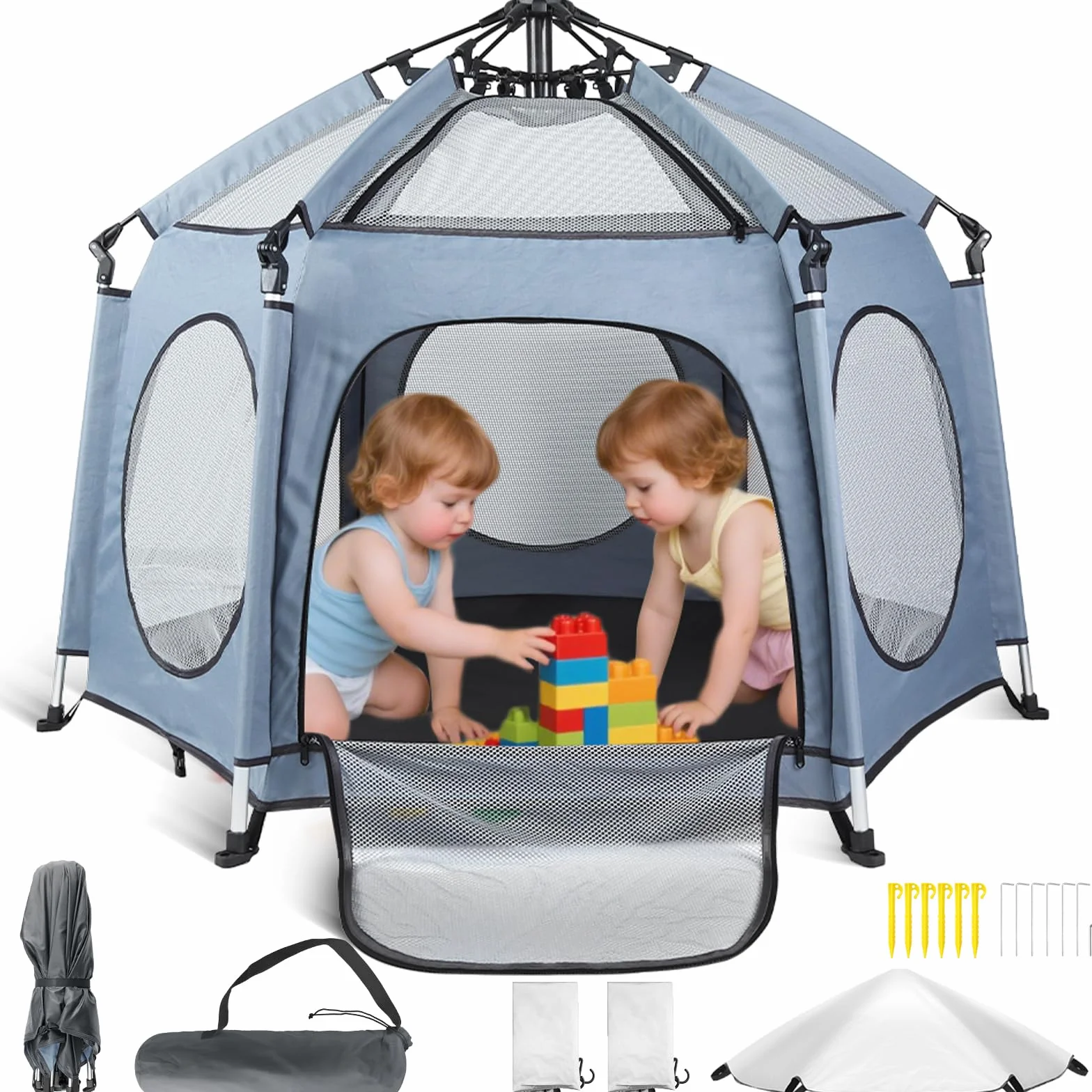 HOMGEN Parc de jeu pliable 144 x 103 cm avec 3 housses UV amovibles en tissu Oxford 450D pour bébé