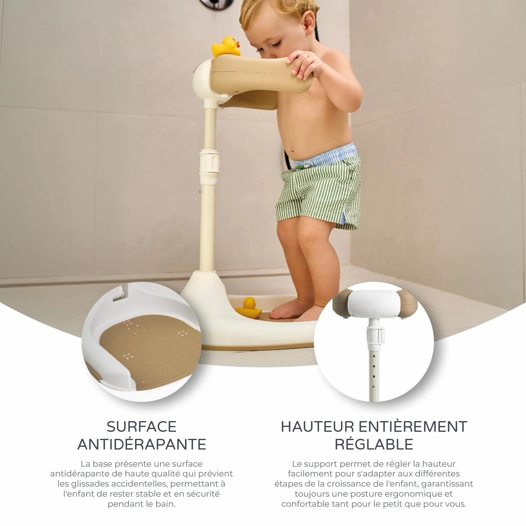 Ms BabyWorld Support de bain et douche pour bébé pliable avec base antidérapante, hauteur et largeur réglables, Beige