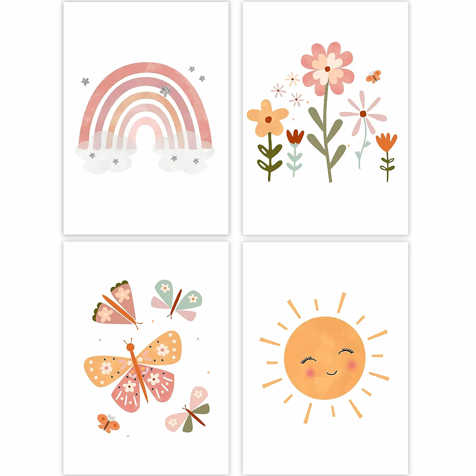 Vegena Lot de 4 tableaux Décoration murale chambre enfant Arc-en-ciel soleil nuage fleurs papillons DIN A4 Bohème