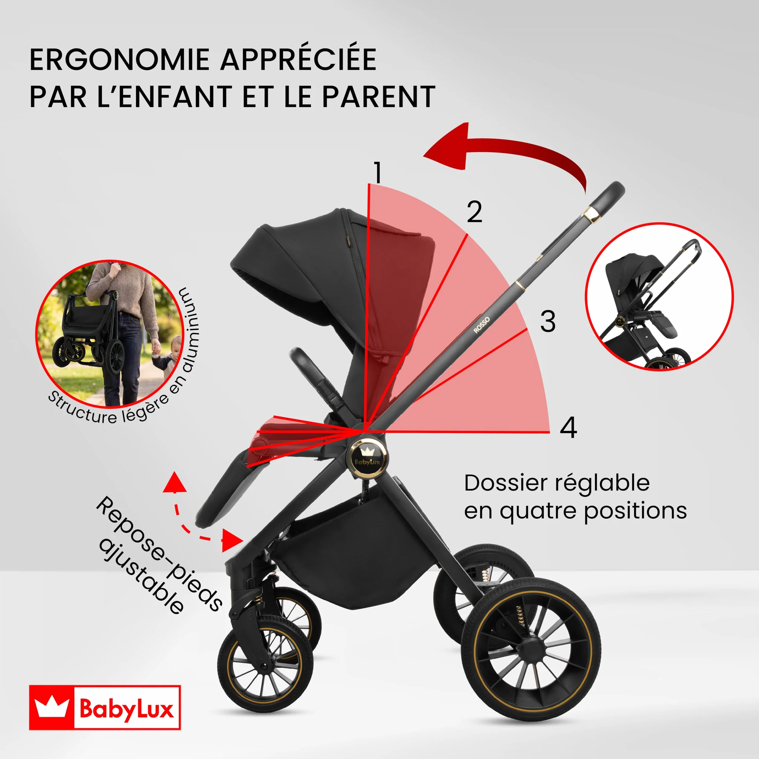 BabyLux Poussette 3en1 Set Rosse, Pliable Léger Poussettes Combinées Baignoire Bébé, Buggy Siège Sport, Coque Bébé I-Size, 4 Positions Couchage, 0-22kg
