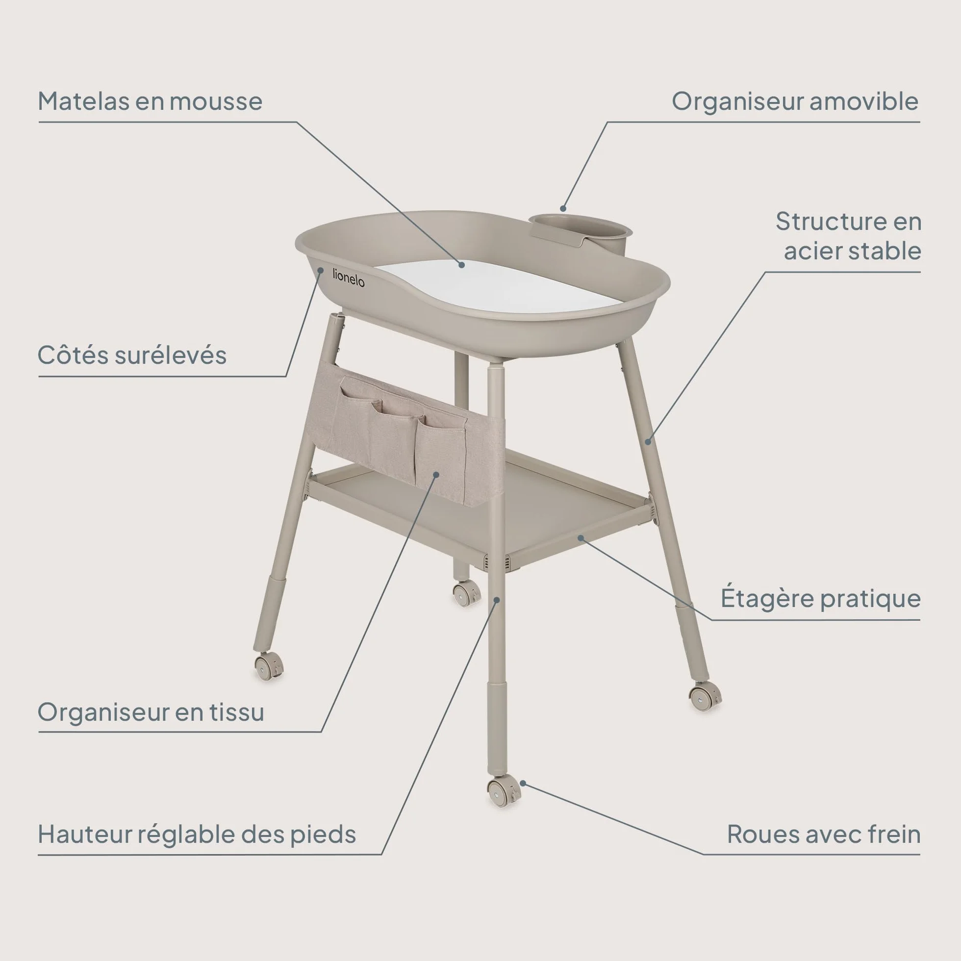 LIONELO Rosie table à langer bébé mobile sur roulettes matelas imperméable hauteur réglable rangements