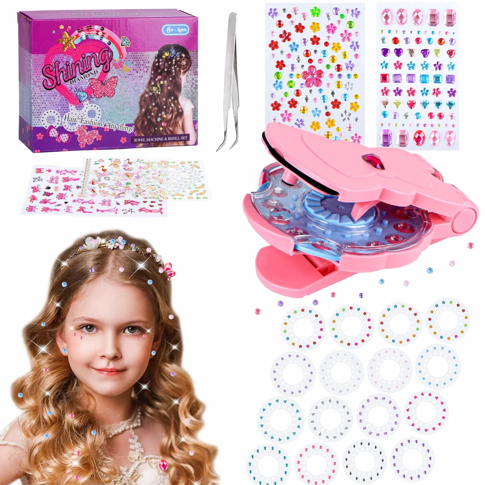 SEMKOTREE Machine Strass Cheveux, Kit Hair Bedazzler avec 420 Rhinestones, Bijoux Cheveux Autocollant Cadeau Fille