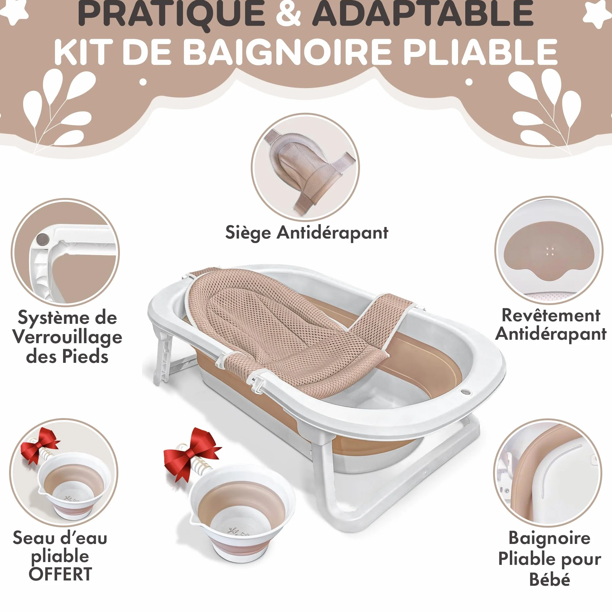 FawnsLife Baignoire Bébé Pliable XXL sur Pied avec Siège Confortable et Seau