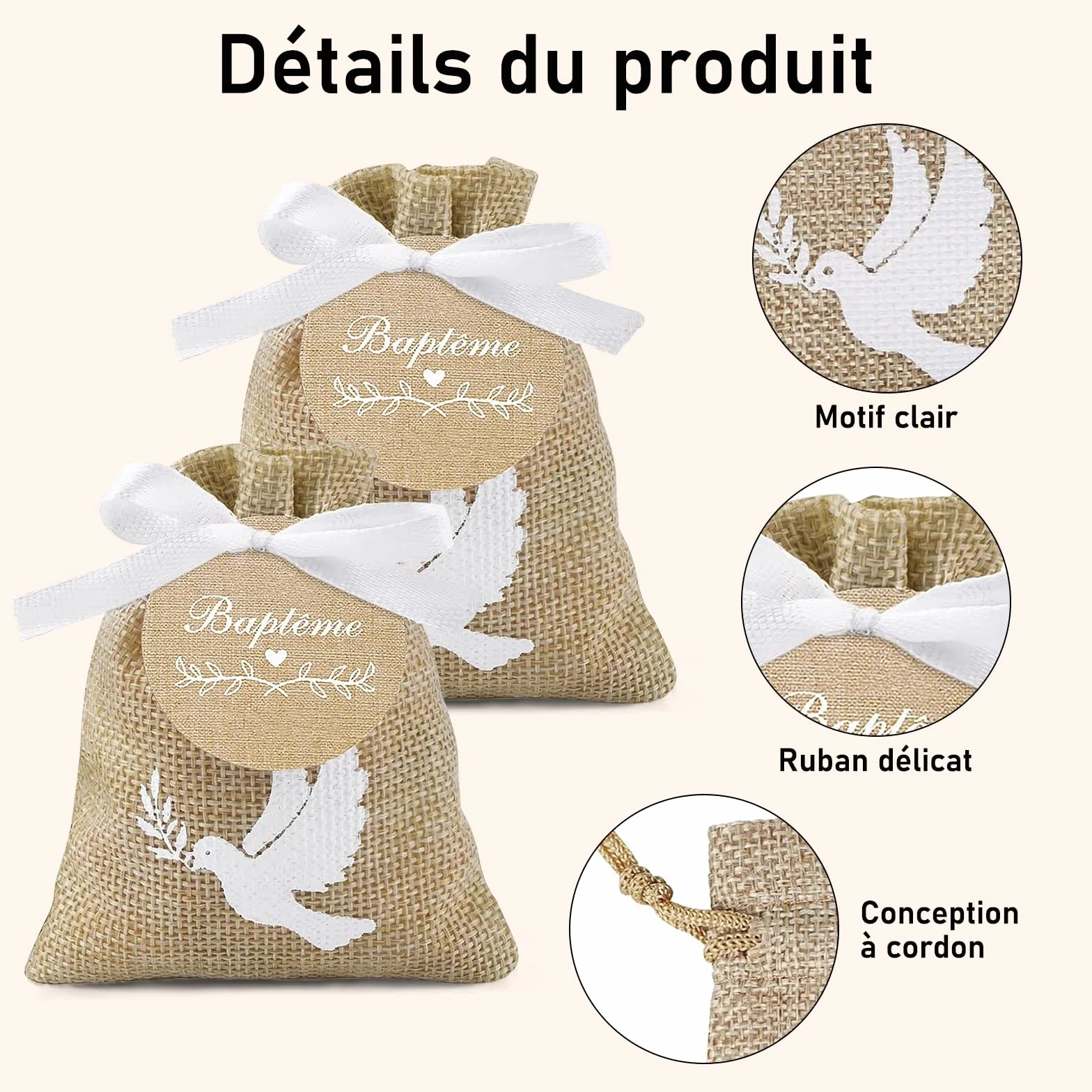 FINEVERNEK 20PCS Sachets Dragées Baptême avec Étiquettes et Ruban Blanc Pochette Dragée Motif Colombe
