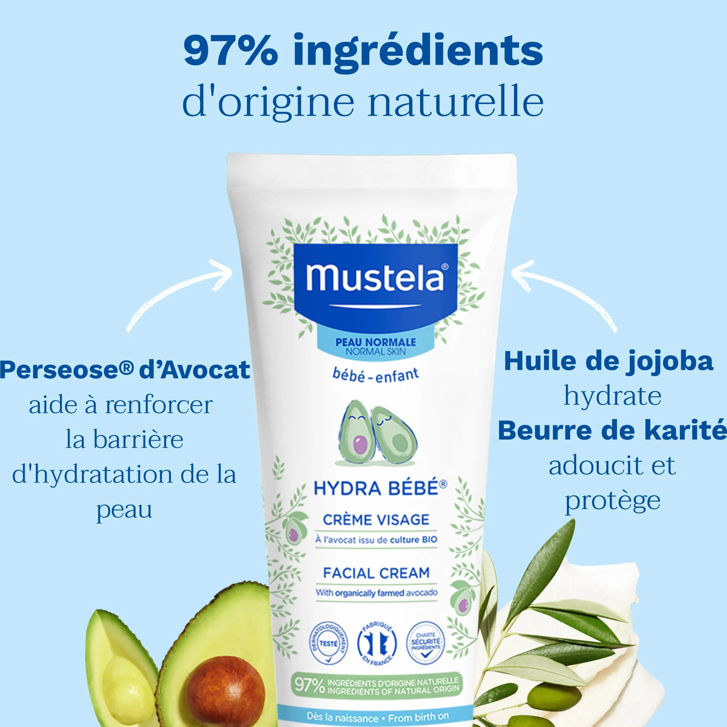 Mustela Crème Visage Hydra Bébé Soin Quotidien Nourrissant 97% d'Ingrédients d'Origine Naturelle