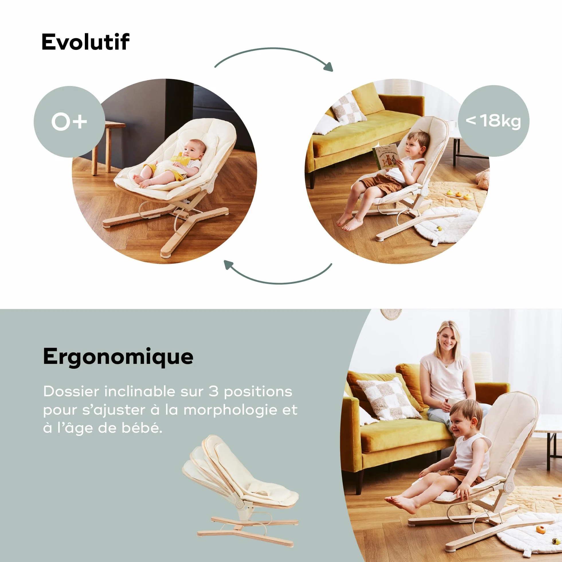 Babymoov Transat Bébé Bois Swoon Flow Évolutif Fauteuil Enfant 18kg Balancement Naturel 3 Positions Dossier Coton Bio Bois FSC