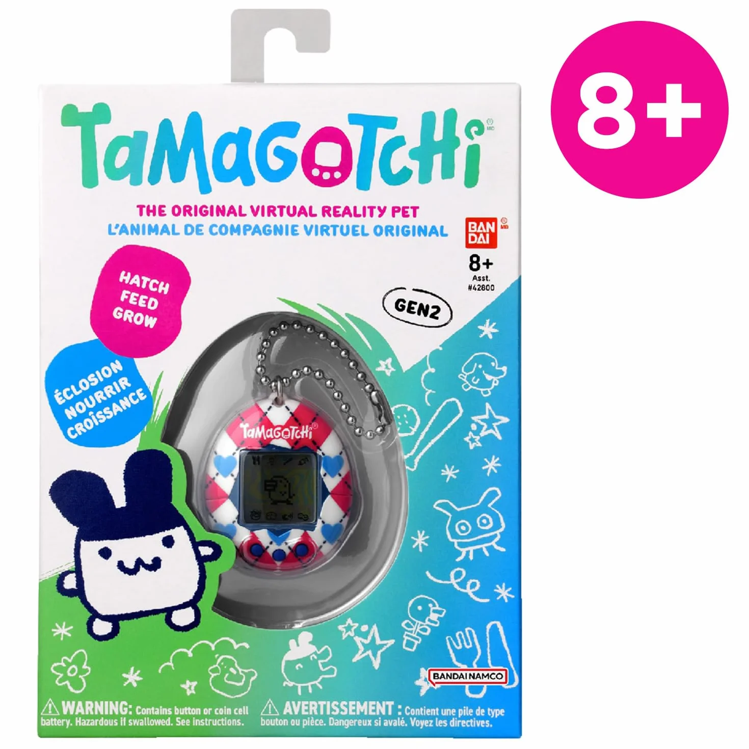 Tamagotchi Original Argyle Heart Animal interactif écran LCD Français Mini-Jeux Jouet Enfant 8 Ans+