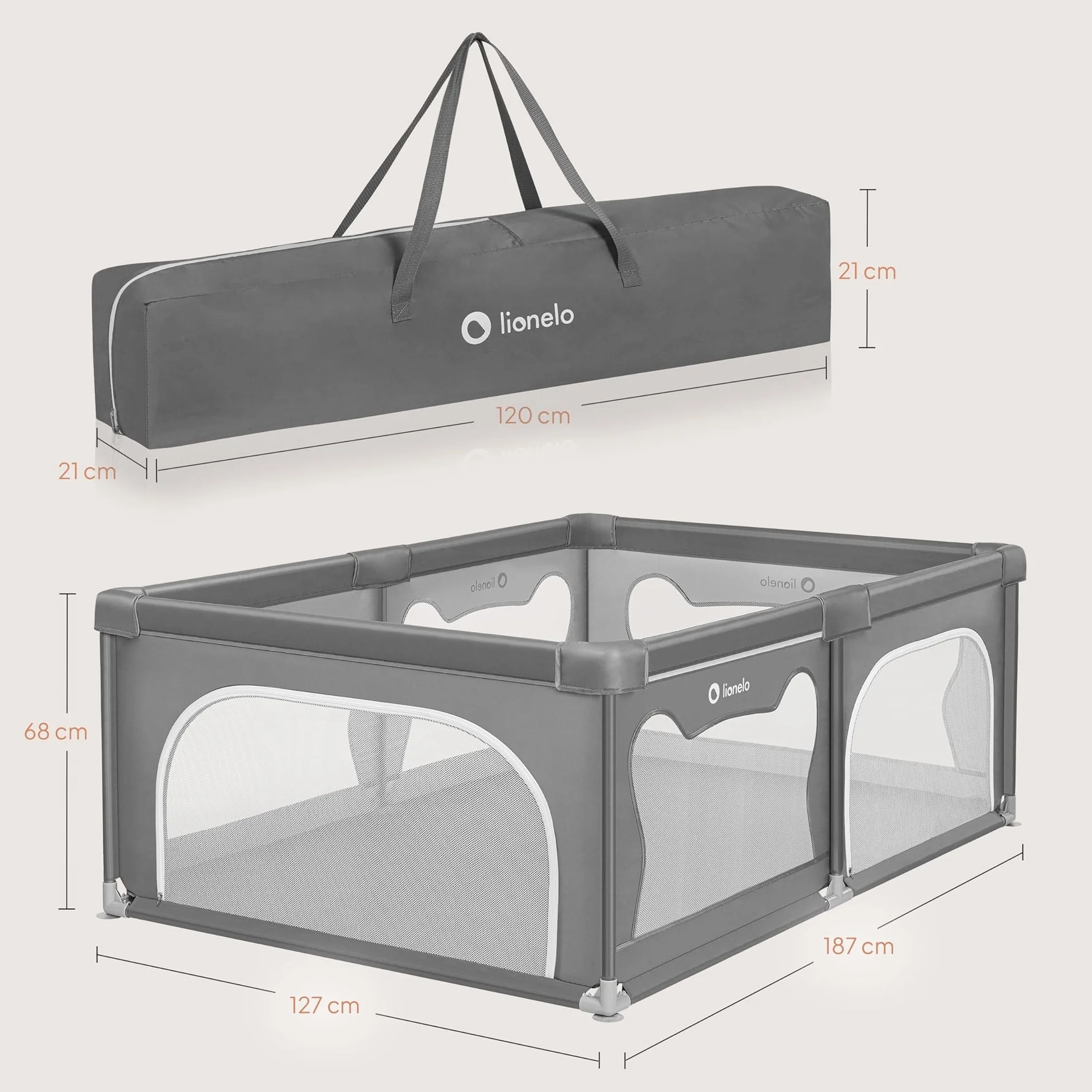 LIONELO WILLOW Parc pliant pour bébé 120x180x68 cm filet respirant 2 entrées zippées Gris