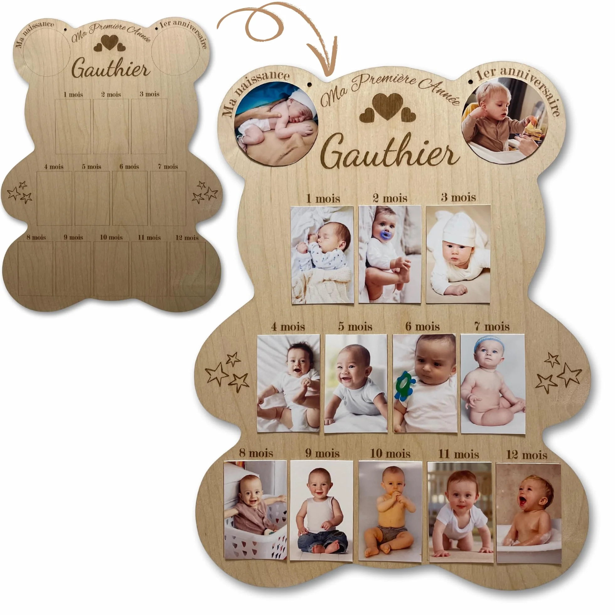 Cadre Photos Pêle-Mêle Ours en Bois Personnalisé - Souvenirs Première Année Bébé - Cadeau Naissance Baptême Décoration Chambre Enfant