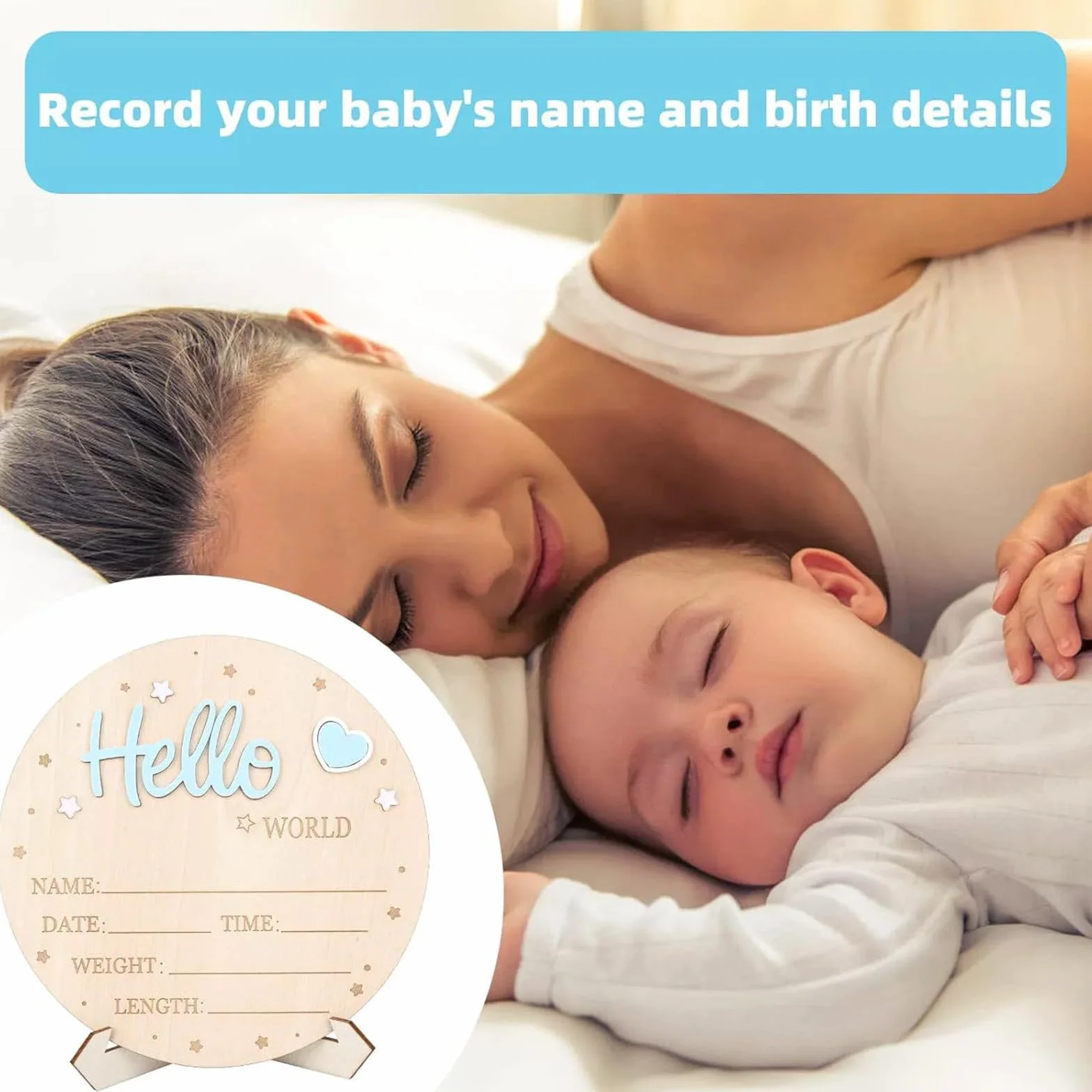 Plaque Annonce Bébé « Bonjour Monde » en Bois Bleu, Carte du Monde pour Pronostic de Naissance, Décoration Chambre Bébé