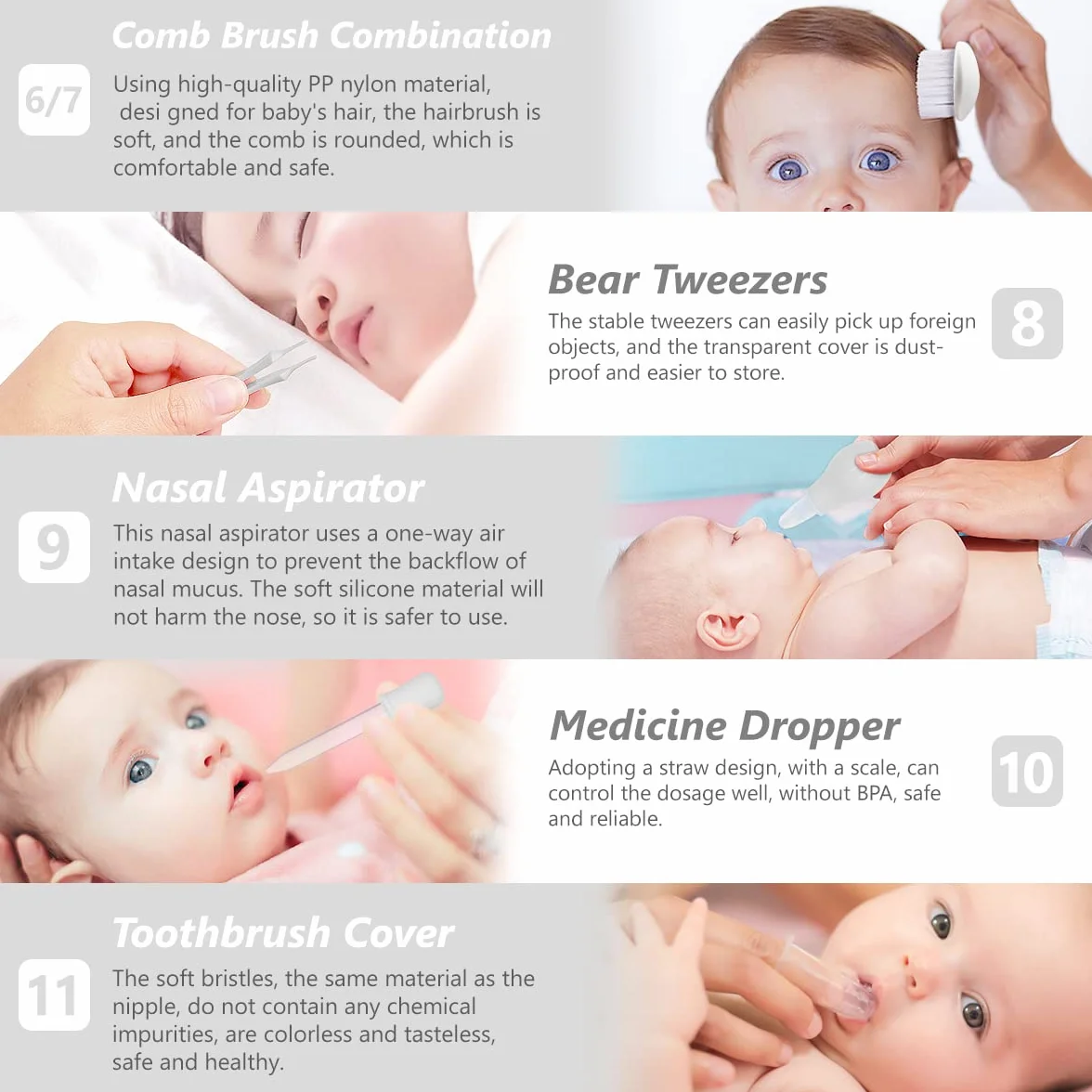 Trousse de Soin Bébé 11 Pièces Portable Peigne Pince à Ongles Blanc