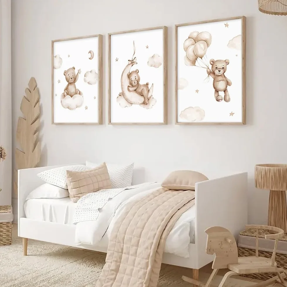 Affiche Ourson Chambre Bebe 30x40cm Poster Mural Enfant Garcon Nounours Nuage Ballon Tableau Decoration Murale Fille Cadeau sans Cadre