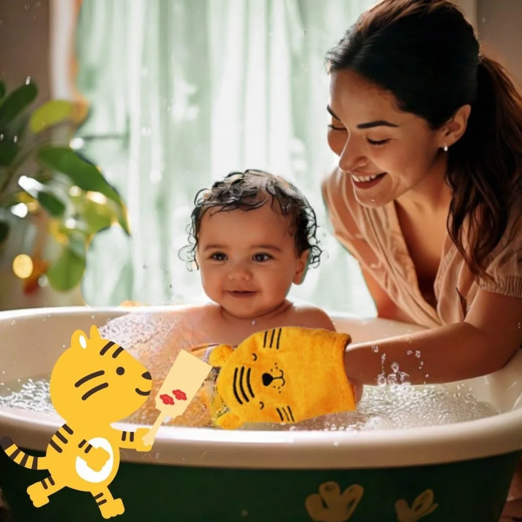 Hello Hippo Lot de 6 Gants de Toilette Bébé & Parents – Gants Douche Coton – Tigre, Grenouille, Poussin – 3 Gants Parents + 3 Enfants – Débarbouillette Lavable