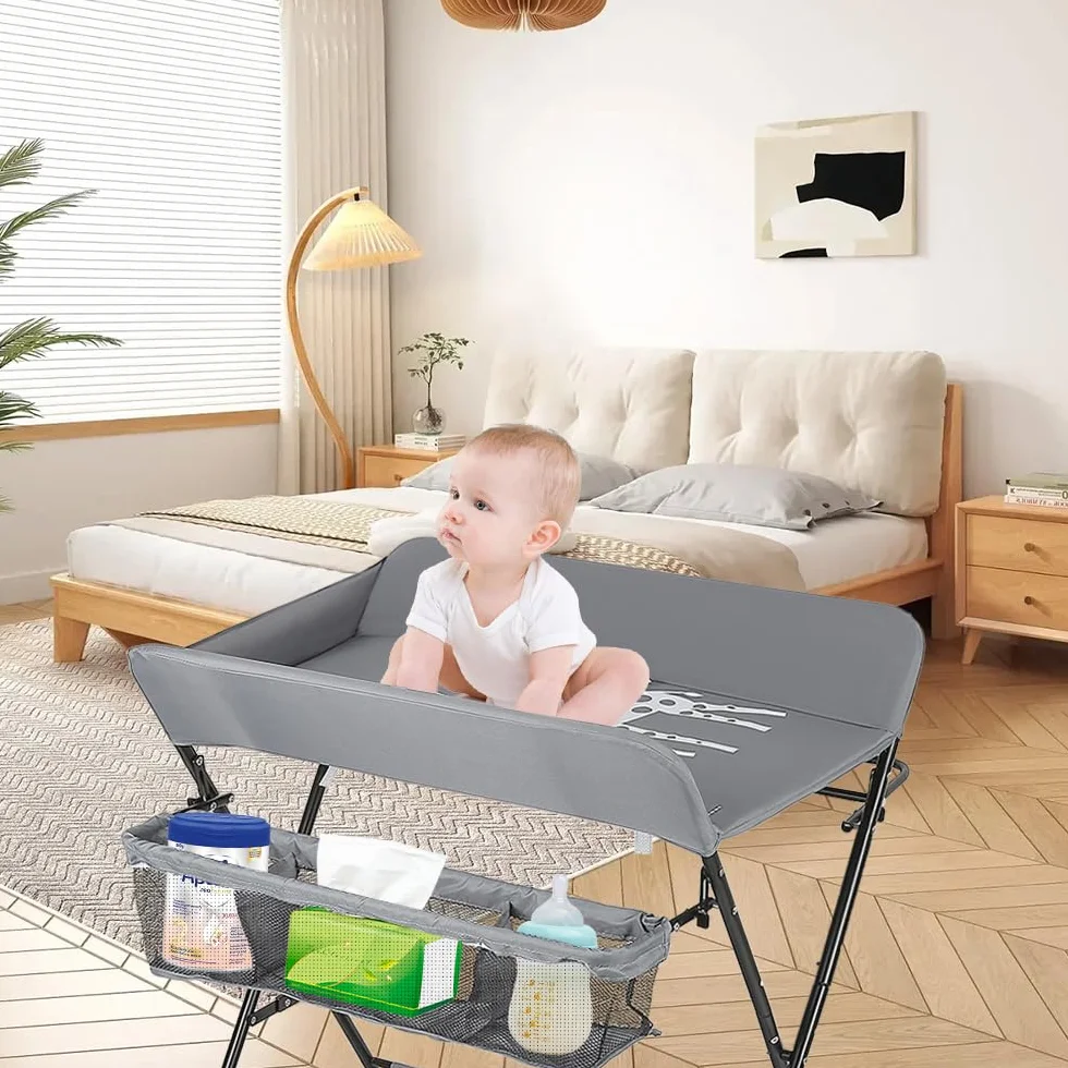 Table à langer pliante bébé avec panier rangement ceinture sécurité 4 roues frein réglable hauteur