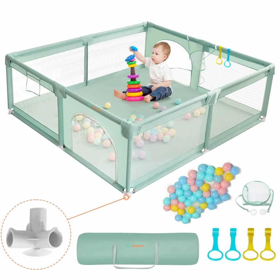COMOMY Parc Bébé 200x180x66cm XXL avec 50 Boules, Mini Vannerie, 4 Anneaux de Traction, Filet Respirant Centre d'Activités Vert