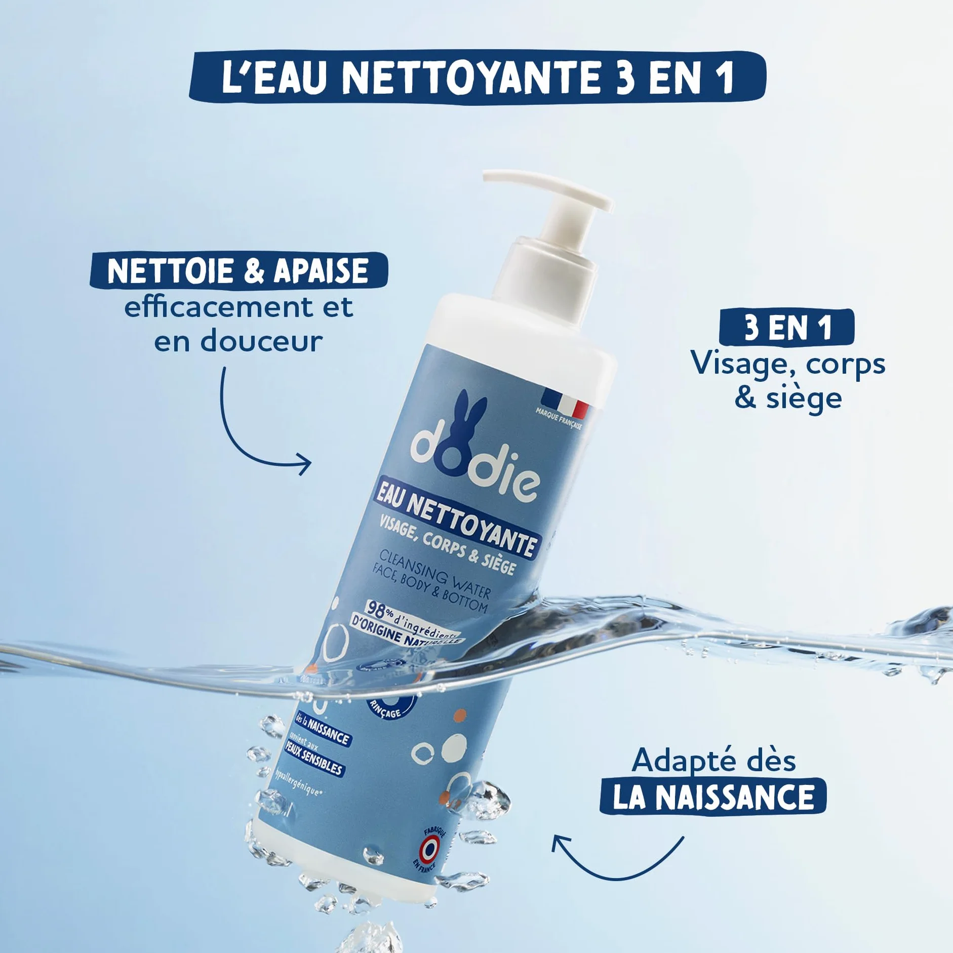 DODIE Eau nettoyante 3 en 1 1L Nettoyant Visage Corps Siège 98% ingrédients naturelle Hypoallergénique