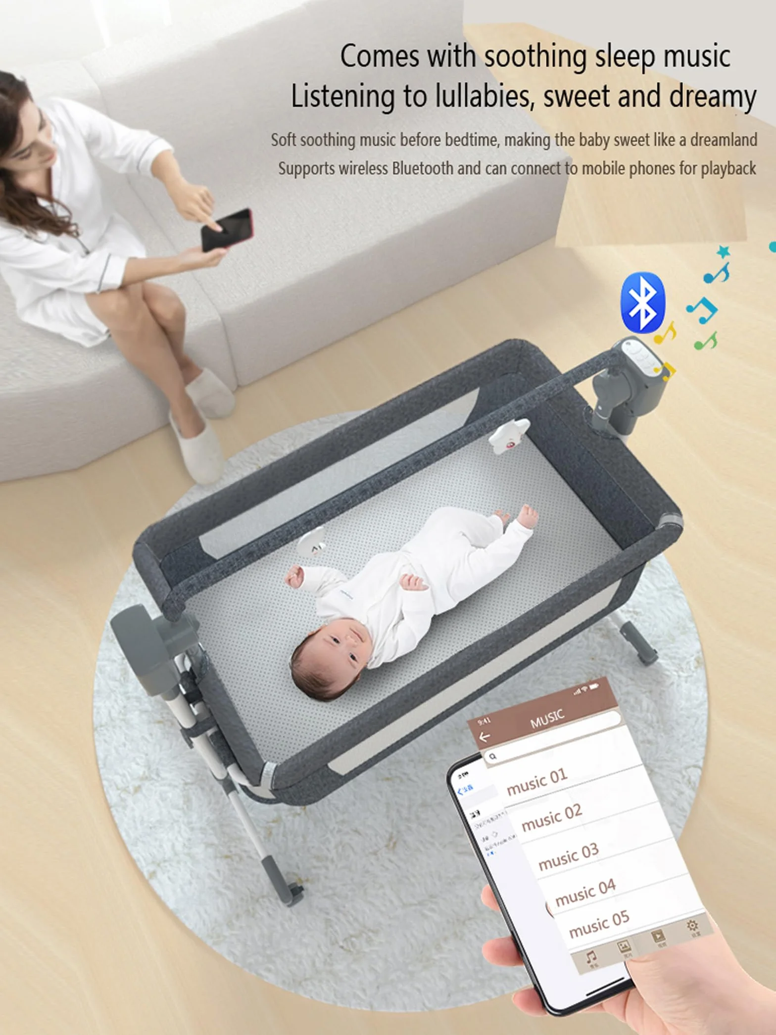 Lit Cododo Bébé Électrique Bluetooth Intelligent Convertible avec Télécommande, Musique et Balancement 5 Vitesses, Pliable avec Matelas (601 Beige)