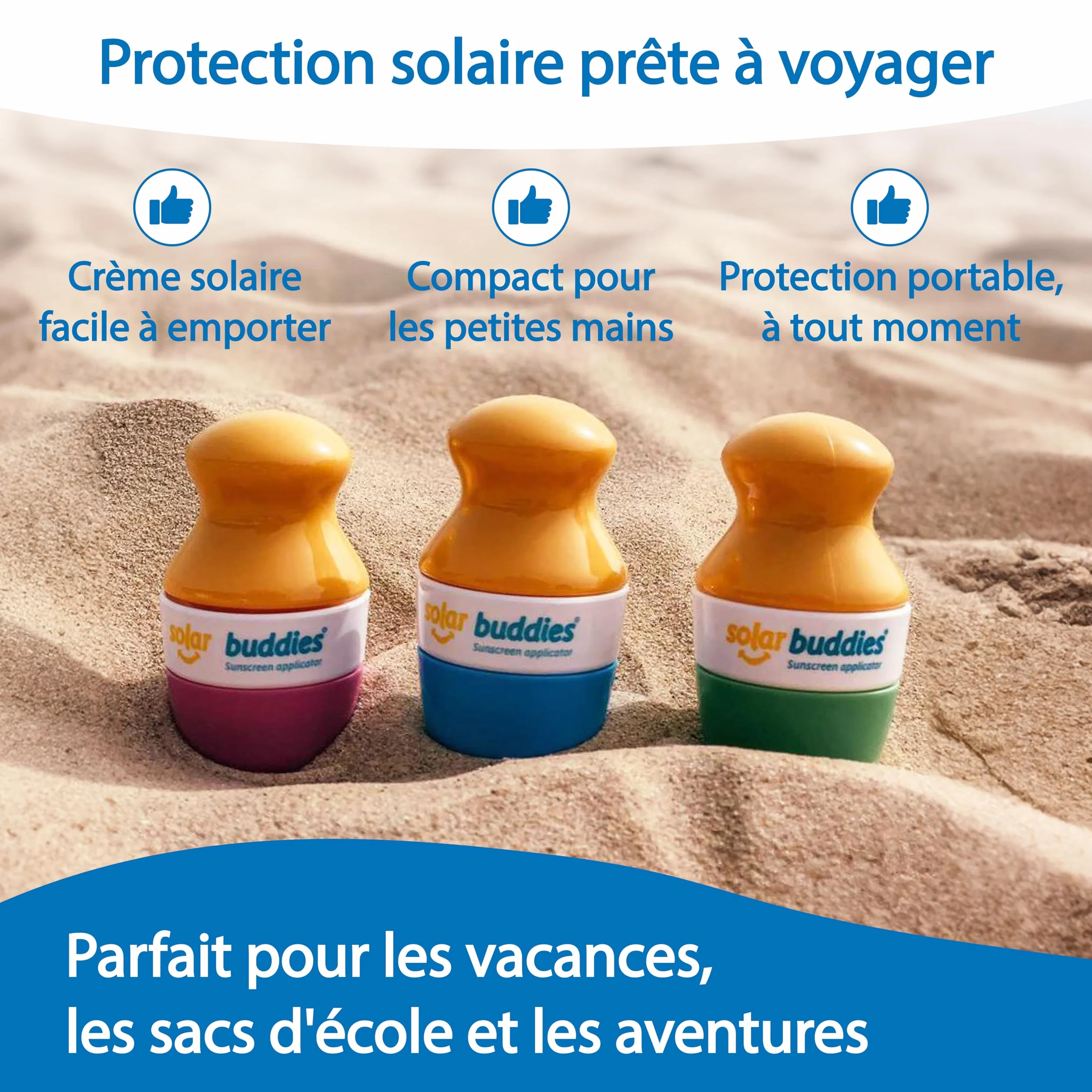 Solar Buddies Applicateur de crème solaire rechargeable à bille avec éponge 100 ml