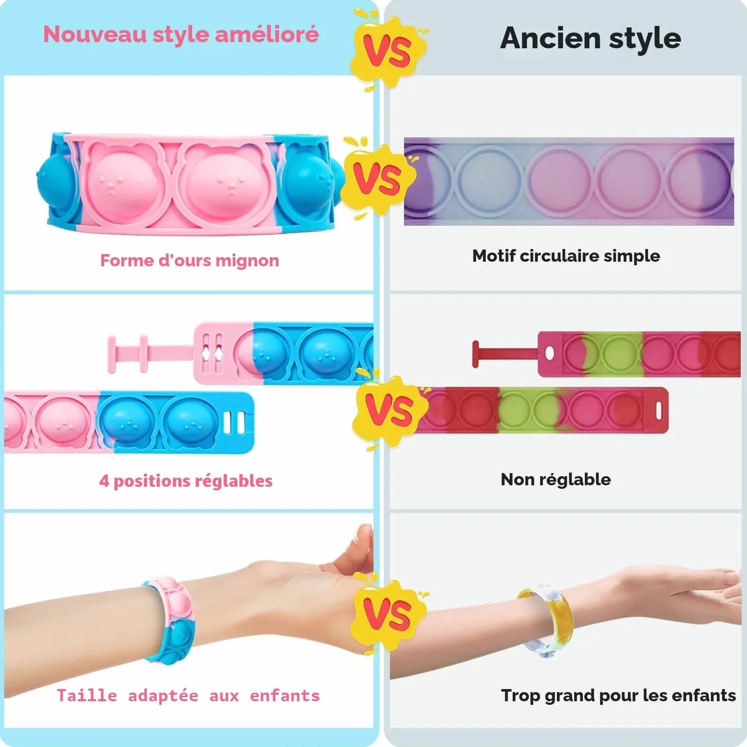 Bracelets Anti Stress Enfants Pop It Fidget Toys en Silicone Doux Réglables
