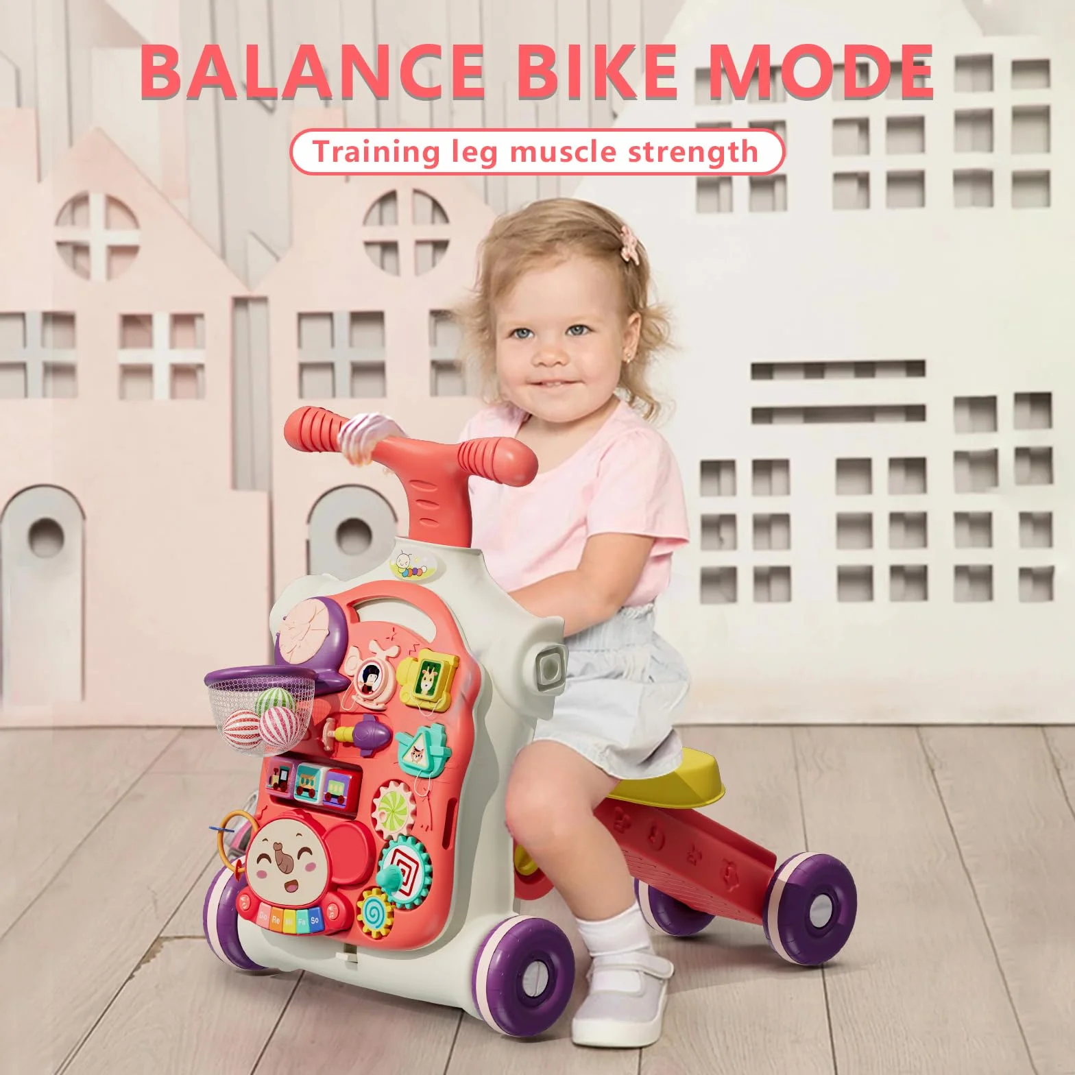 Trotteur Bébé Fille 5 en 1, Chariot de Marche Centre d'Activité, Jouet Push pour Tout-petit 12 Mois