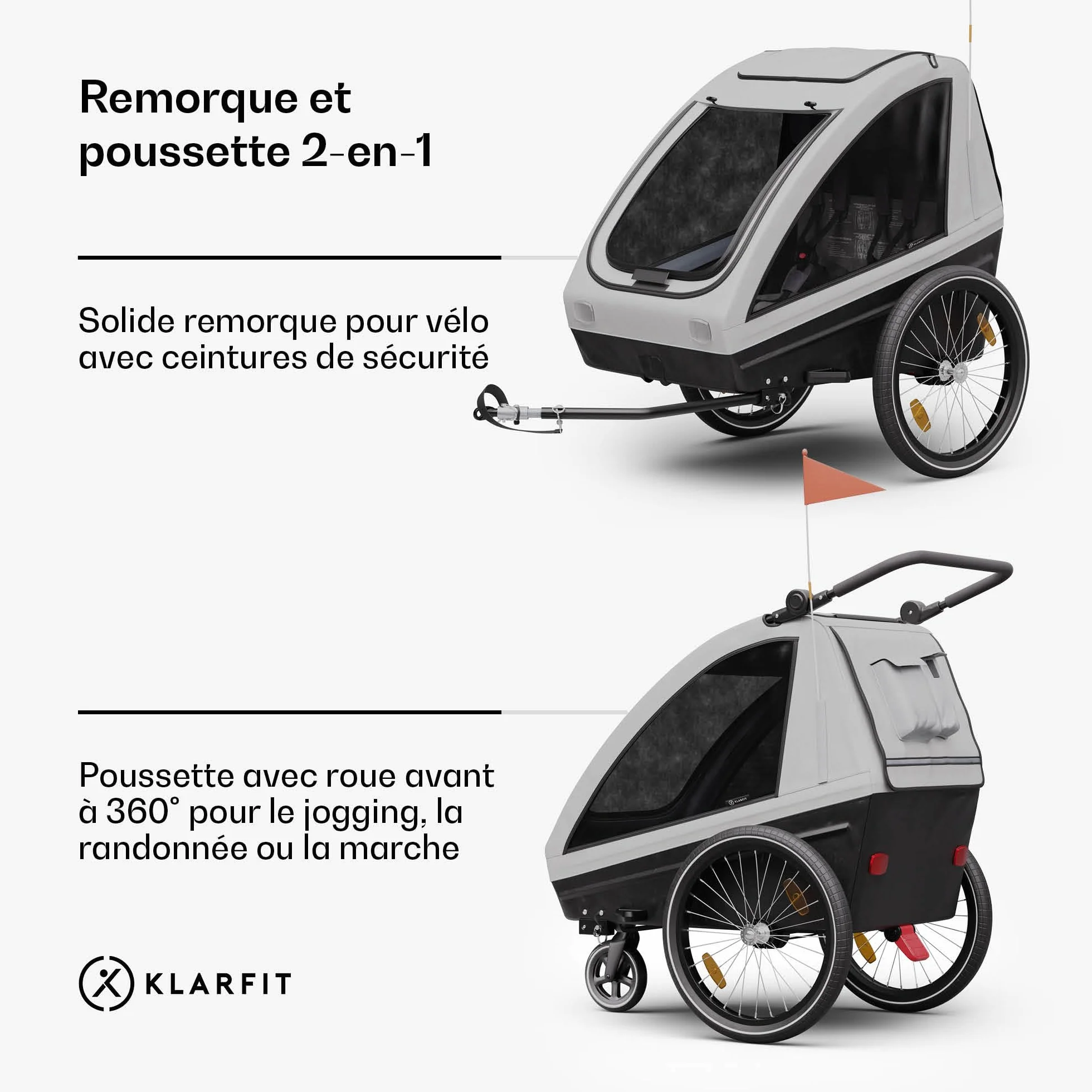 KLAR FIT GoKiddo Remorque Vélo Enfant 2-en-1 Freins Ceintures Sécurité Sièges Réglables 40kg Protection Pluie UV Pliable Gris Clair