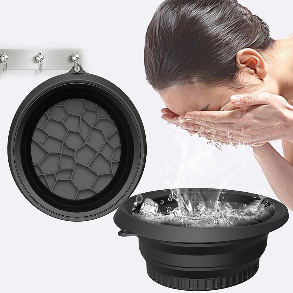 Bol pour le visage en silicone pliable avec bac à glaçons intégré, lavabo à glace portable