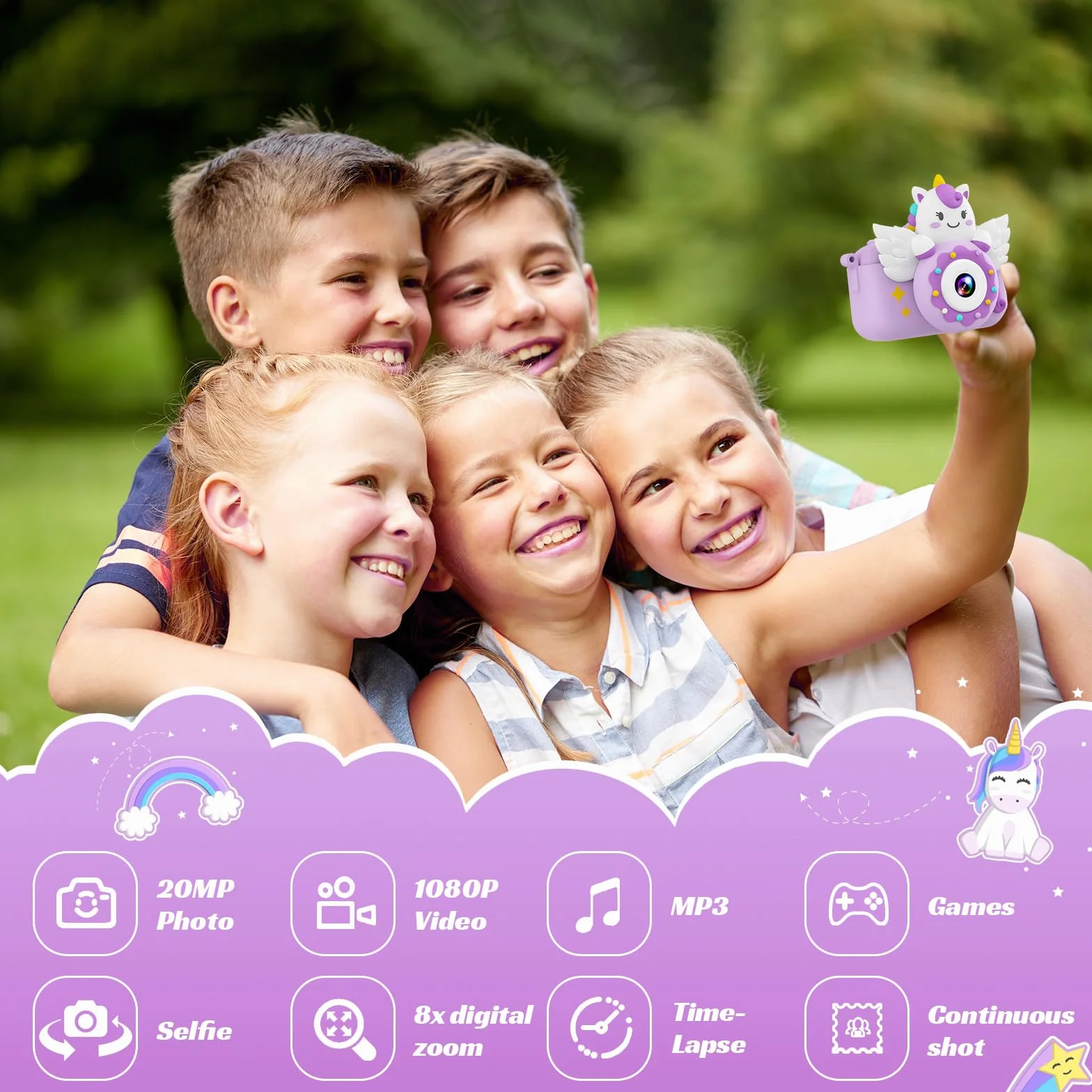 TIATUA Appareil Photo Enfant 2.0 Pouces Numérique 20MP 1080P Caméra Vidéo Selfie 32G Carte Violet