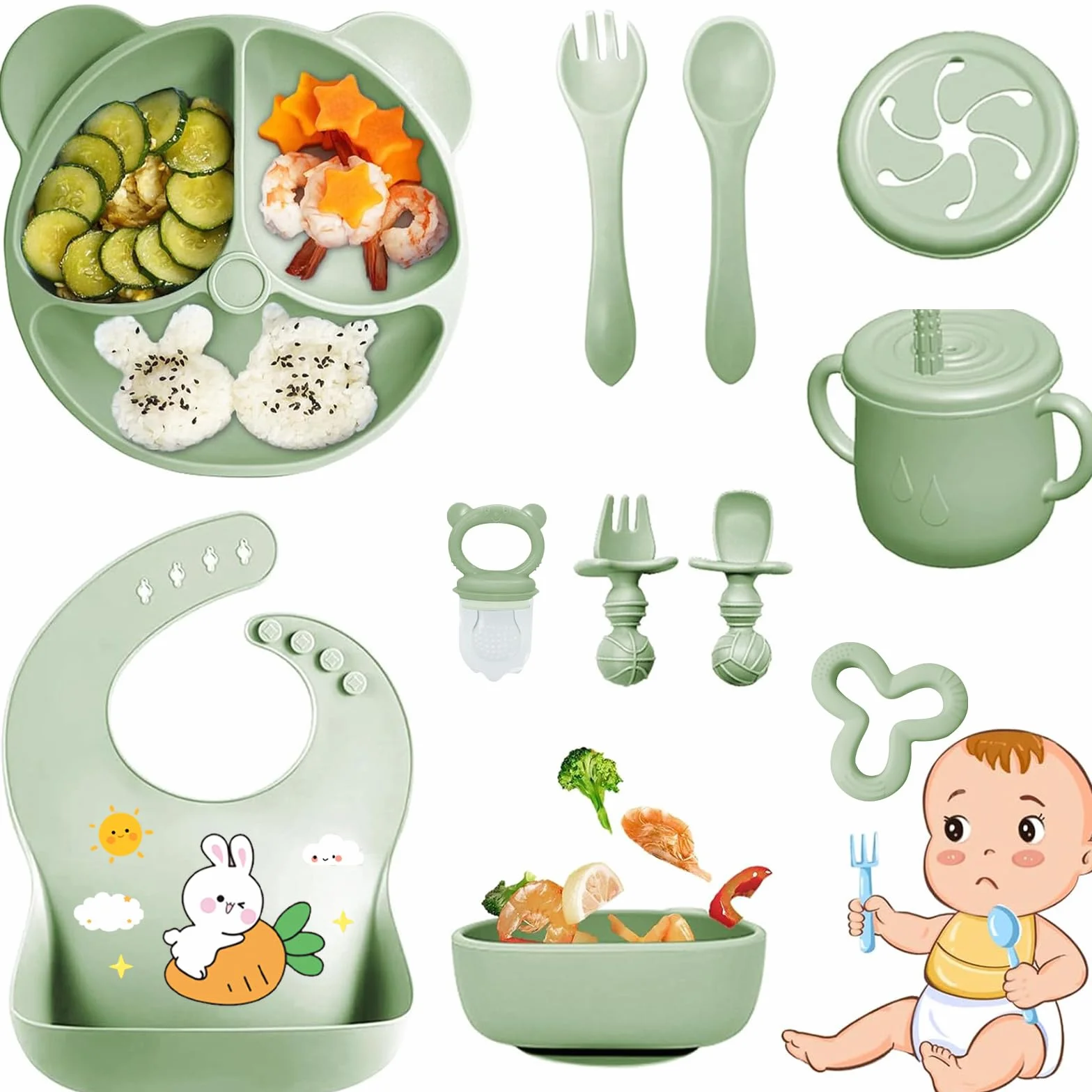 Coffret Repas Bébé 11 pièces Silicone Antidérapant avec Ventouse Assiette Bol Fourche Cuillère Bavoir Tasse Sans BPA Vert foncé