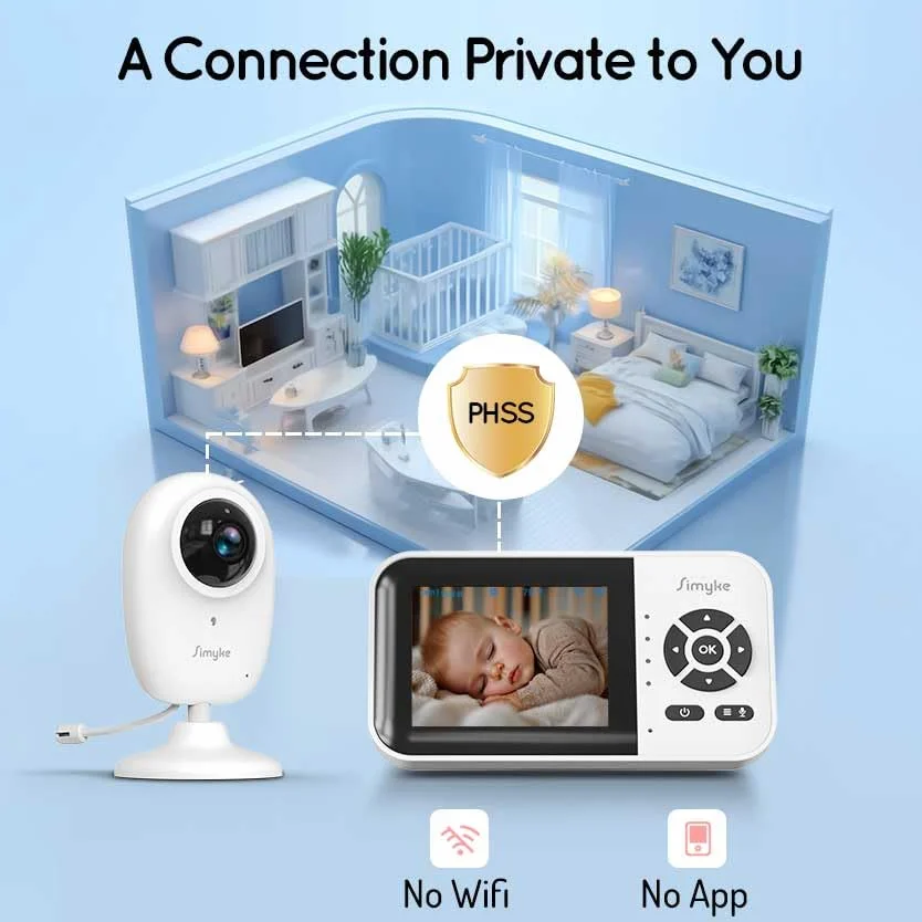 Simyke Moniteur de bébé intelligent avec caméra et audio double mode, WiFi, écran 2,8", vision nocturne, détection de température, conversation bidirectionnelle