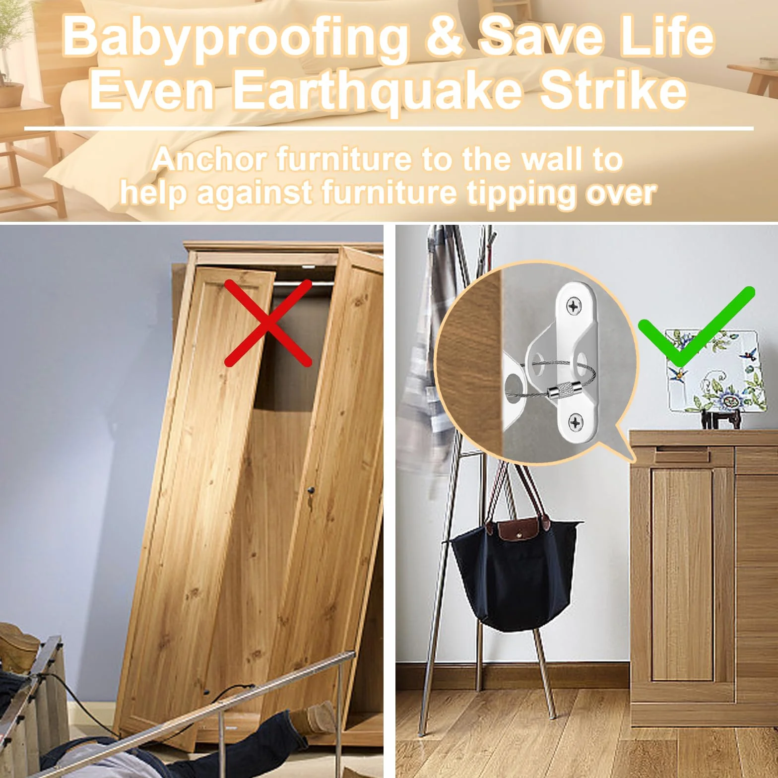 Sangles de Sécurité Meubles Métal Lourd Devoir Ancrages Muraux Protection Bébés Animaux, 12 Kit - Blanc
