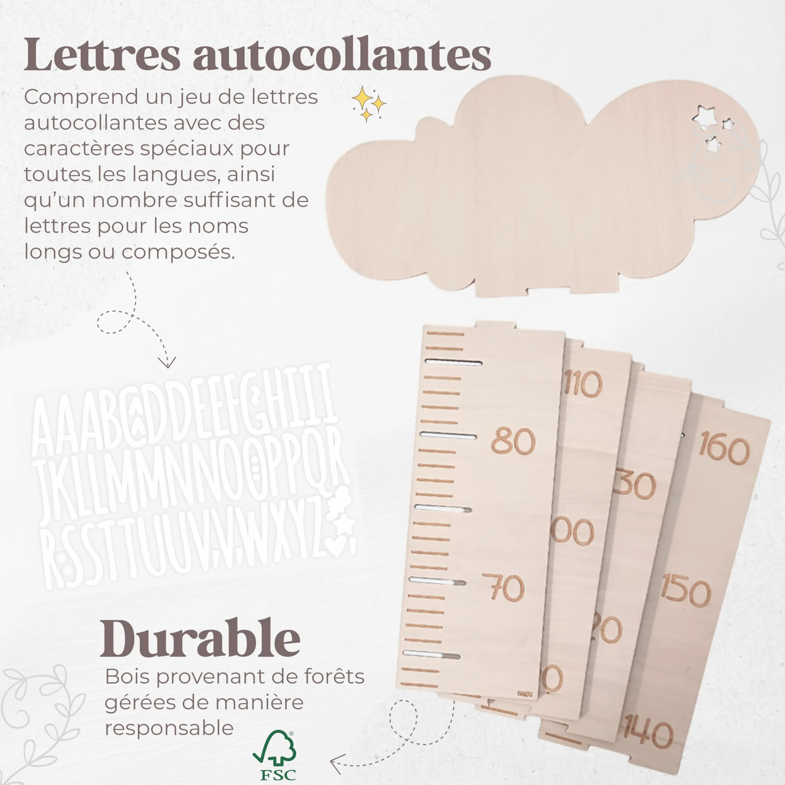 Toise murale enfant Decoration chambre bebe bois lettres autocollantes personnaliser nom Mesure taille