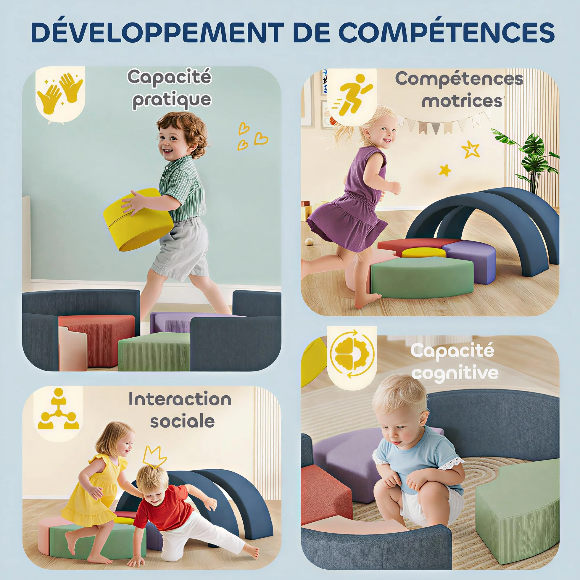 AIYAPLAY Parcours motricité bébé Mousse 7 PCS Module motricité avec Housse Lavable Jouets éducatifs Ramper Grimper Multicolore