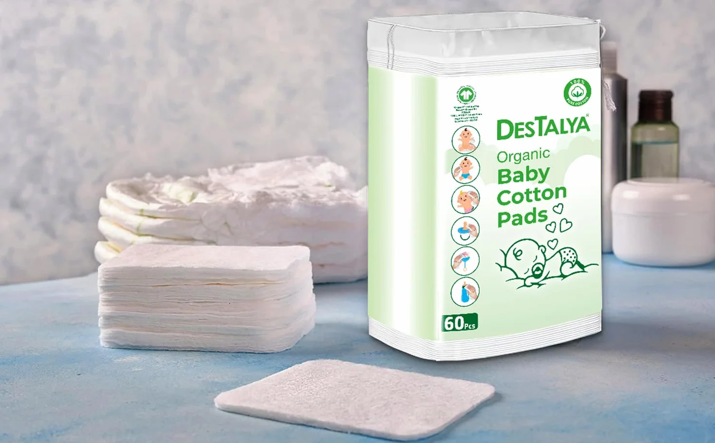 DESTALYA Lingettes Jetables Coton Bébé Peaux Sensibles Cotons Bio 360