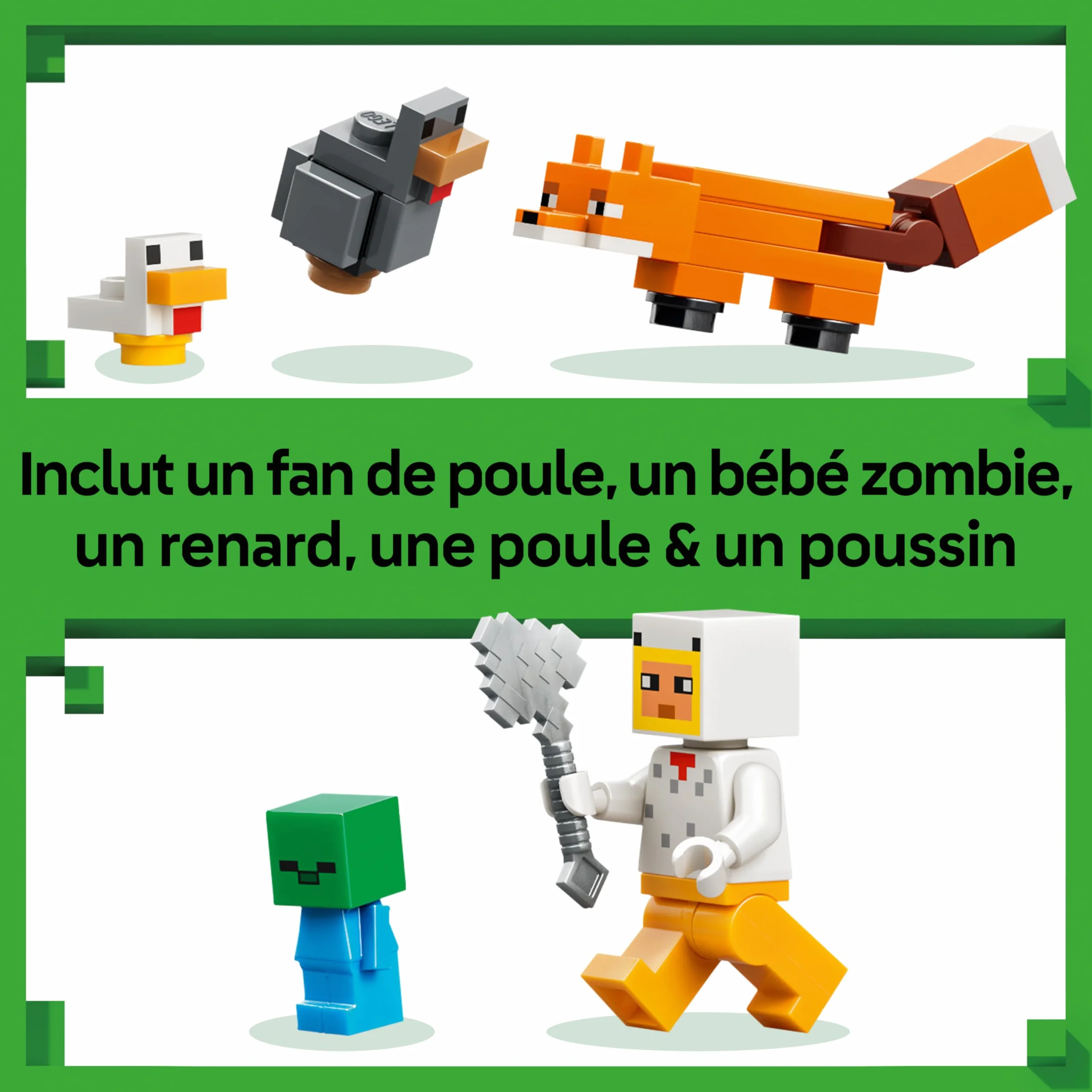 LEGO Minecraft La Ferme à Poulet Jouet de Construction avec Minifigurine Fan de Poule Figurines Mobs Bébé Zombie Renard Cadeau Gaming 7 Ans 21585