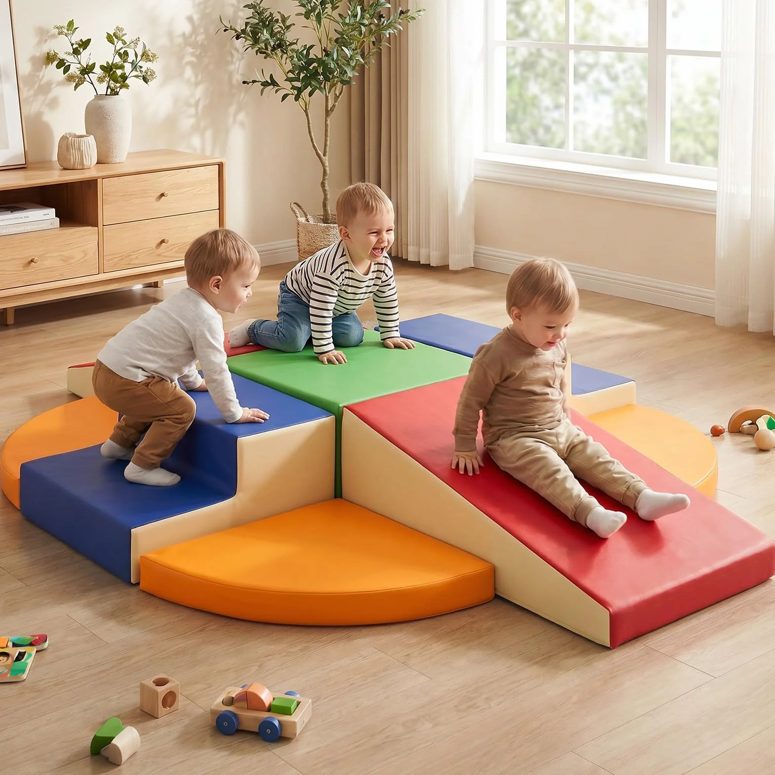 Parcours Motricité Bébé 9 Pièces: Module Motricité Enfant Cuir PU Blocs Mousse Éducatifs Jouets d'Escalade Structure Antidérapante Ensemble d'Échelle Double