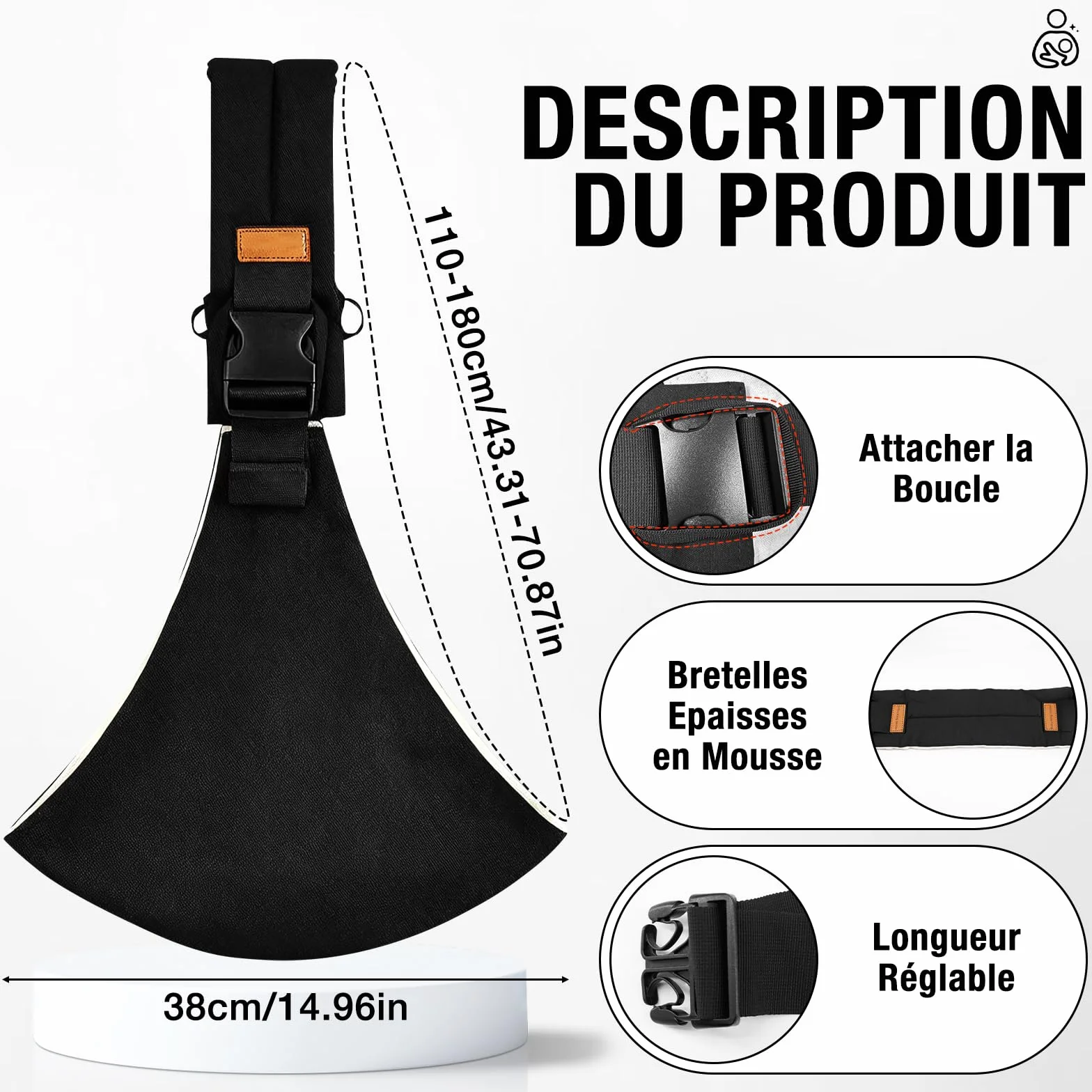 Écharpe de Portage Réglable Porte Bébé Hanche Respirant pour Nouveau-Nés et Tout-Petits jusqu'à 15 kg Noir
