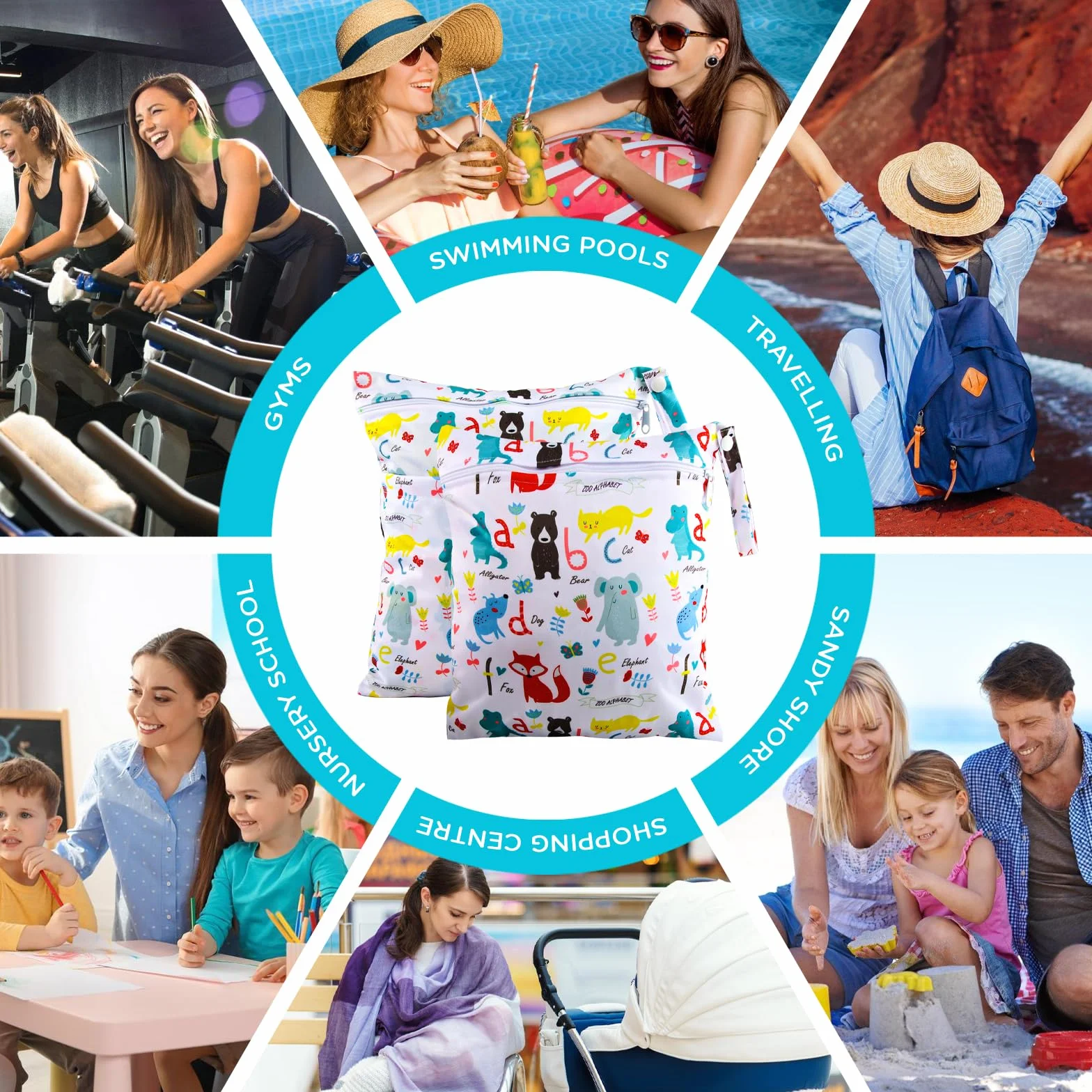 Sac à Couche Imperméable 2 Pièces Pochette Lavable Réutilisable Wet Dry Bag pour Bébé Piscine
