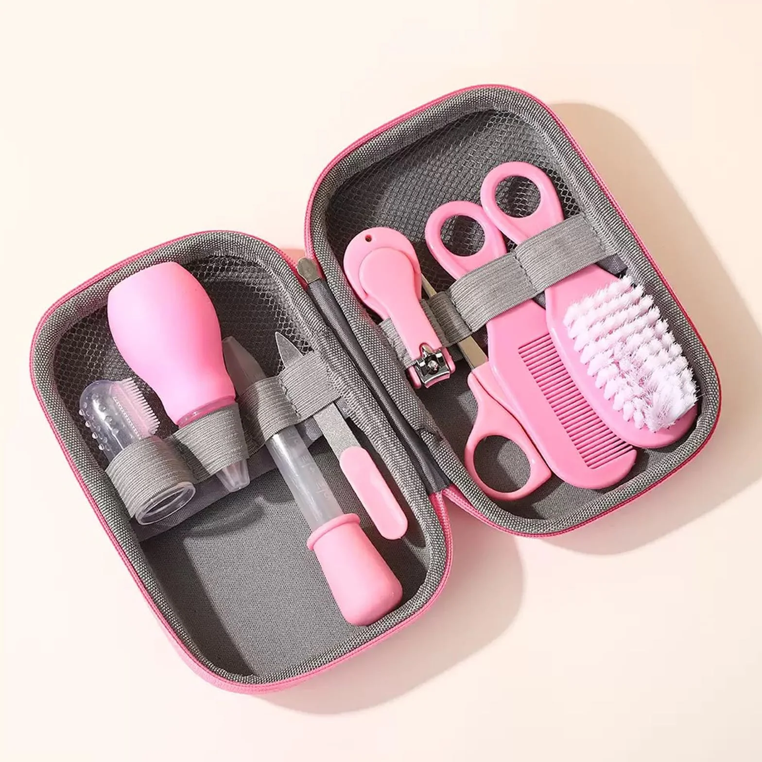 Kit Trousse de Toilette Bébé 13 Accessoires Soin Bébé Brosse à Cheveux Thermomètre Digital Bain Coupe-Ongles Lime Nouveau-Né Rose