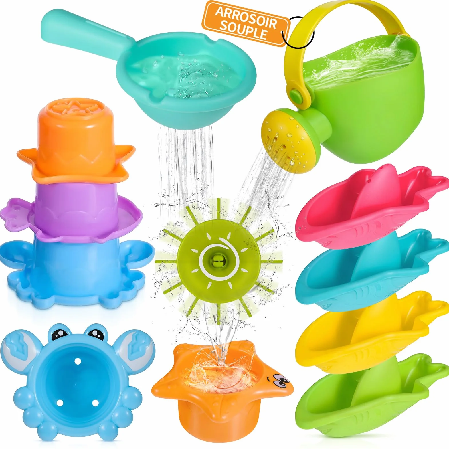 Jouet de Bain Bebe 10 pièces arrosoir Tasses empilables Bateaux empilables