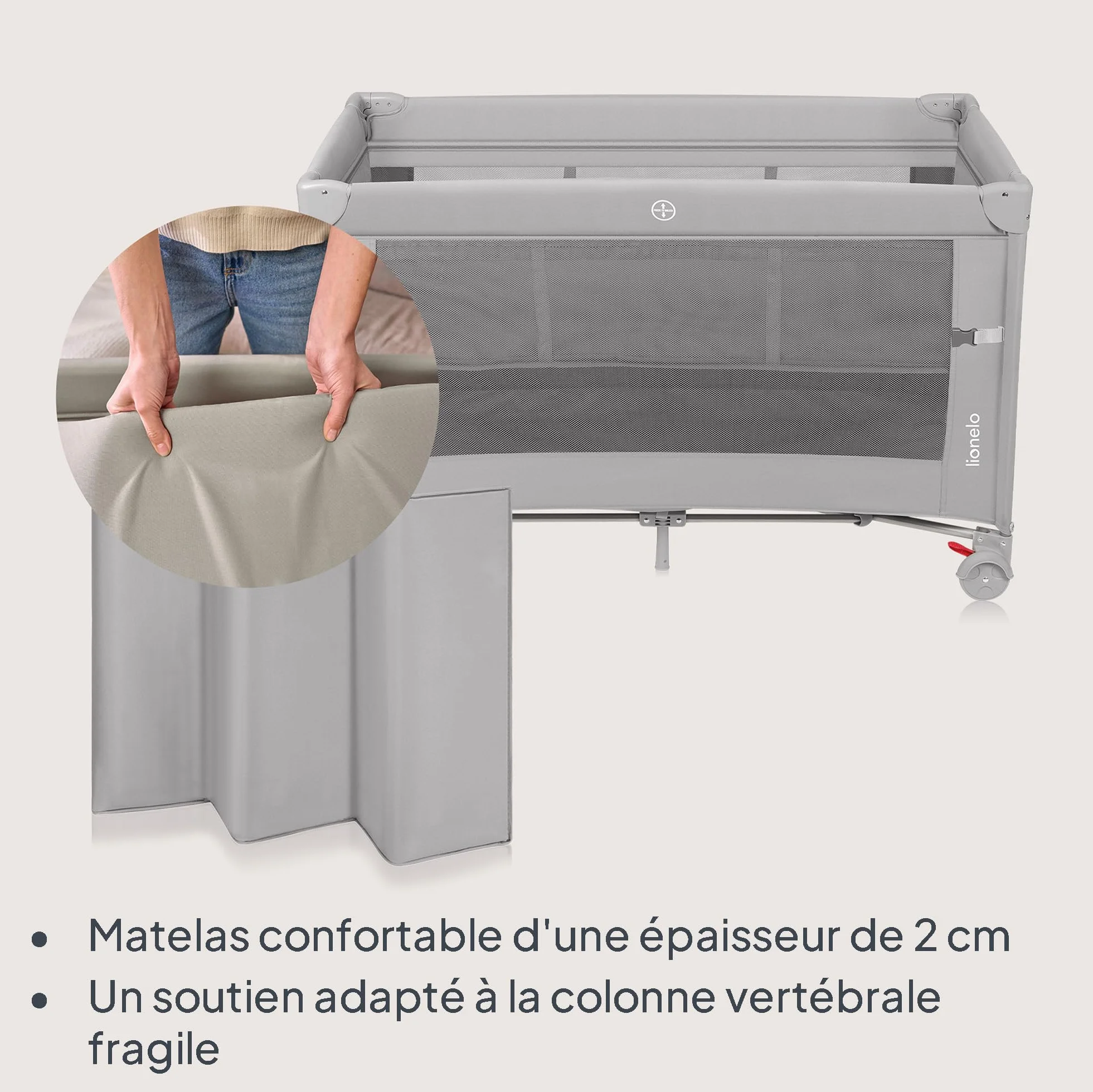 LIONELO ELLEN Lit de Voyage 3 en 1 Cododo 0-3 Ans 15 kg 2 Hauteurs Matelas Gris